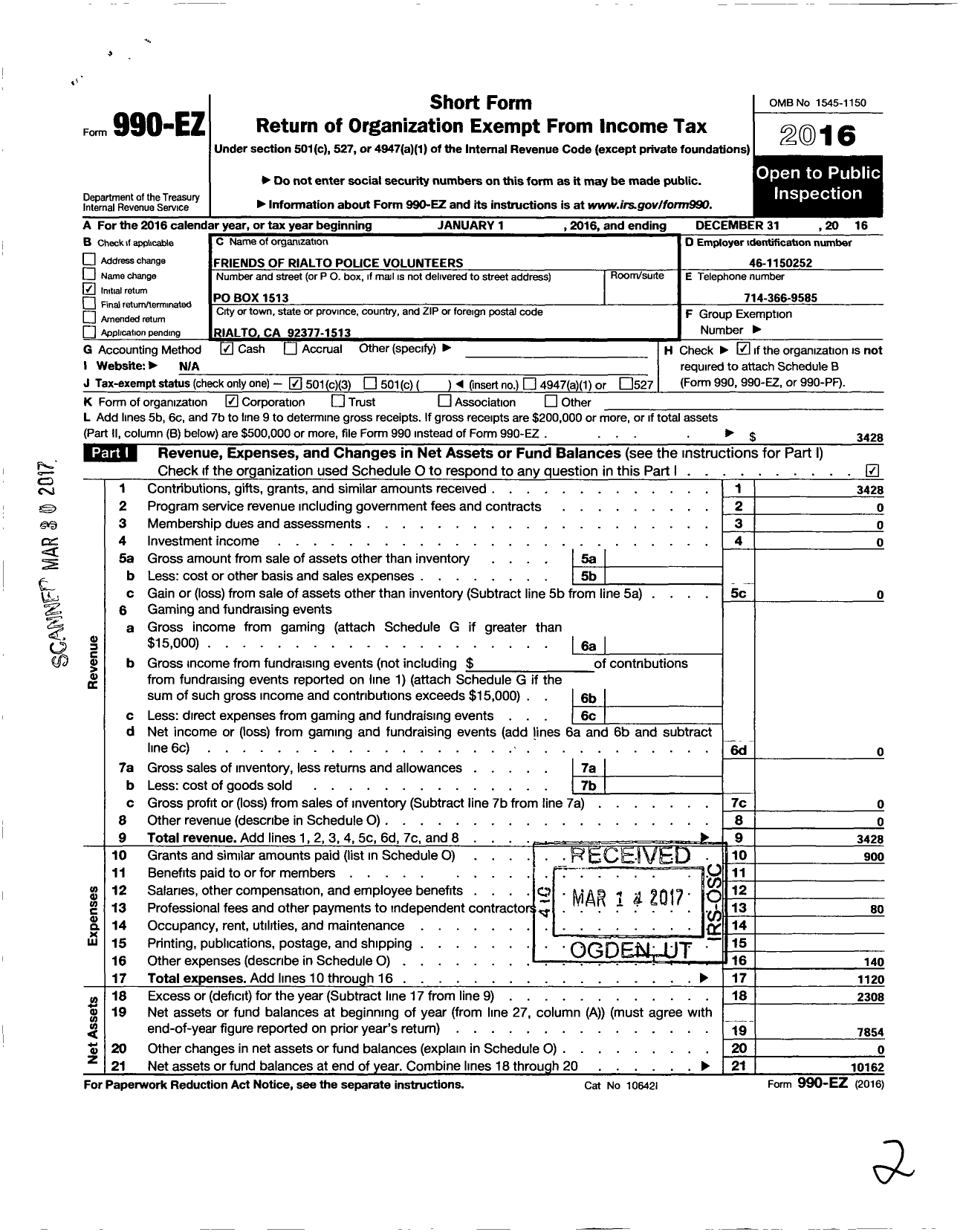 Image of first page of 2016 Form 990EZ for Friends of Rialto Police Volunteers