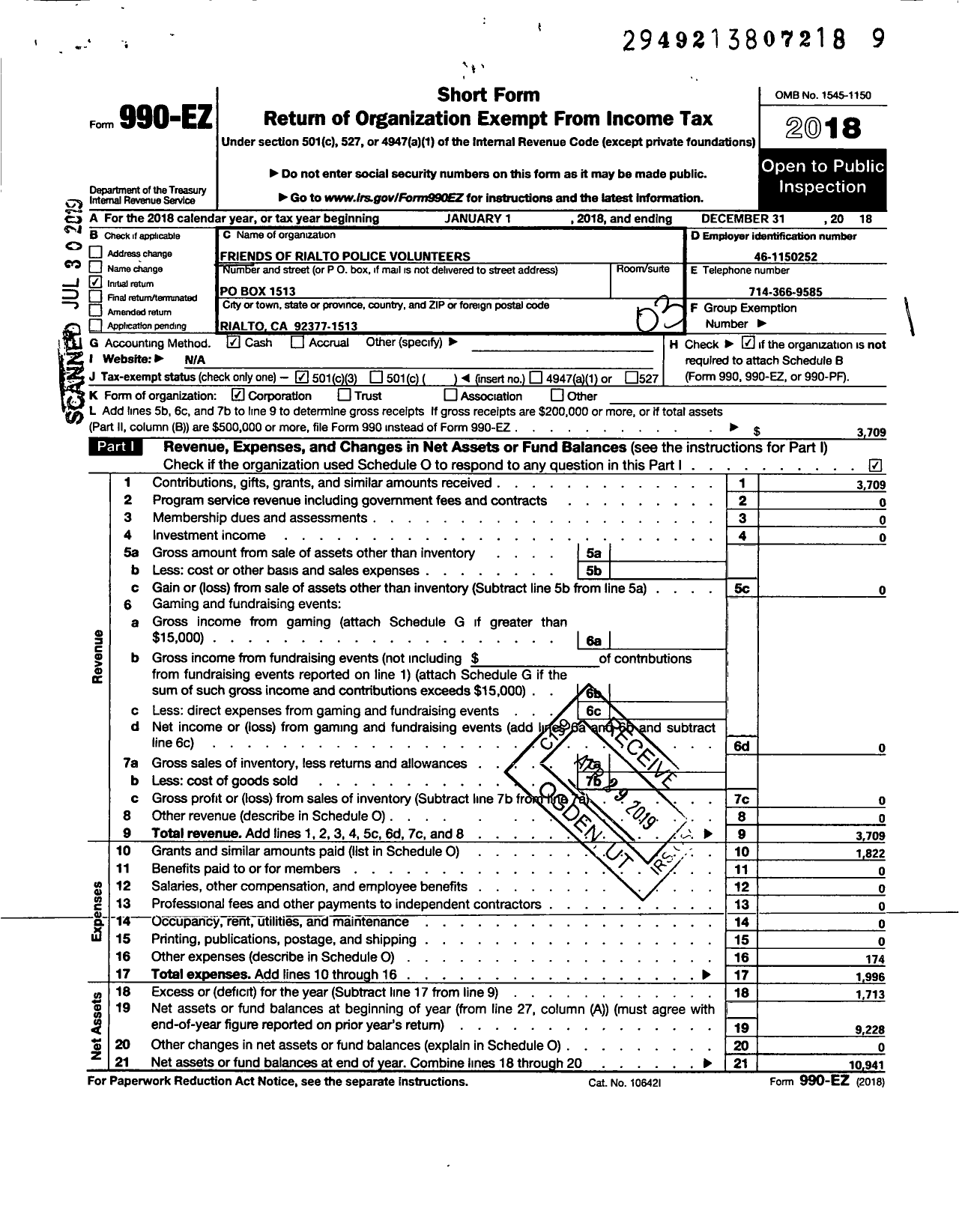 Image of first page of 2018 Form 990EZ for Friends of Rialto Police Volunteers