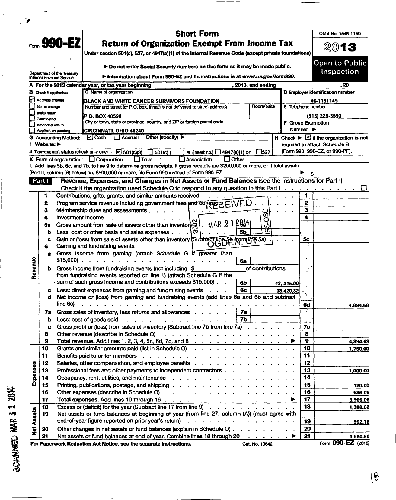 Image of first page of 2013 Form 990EZ for Black and White Cancer Survivors Foundation