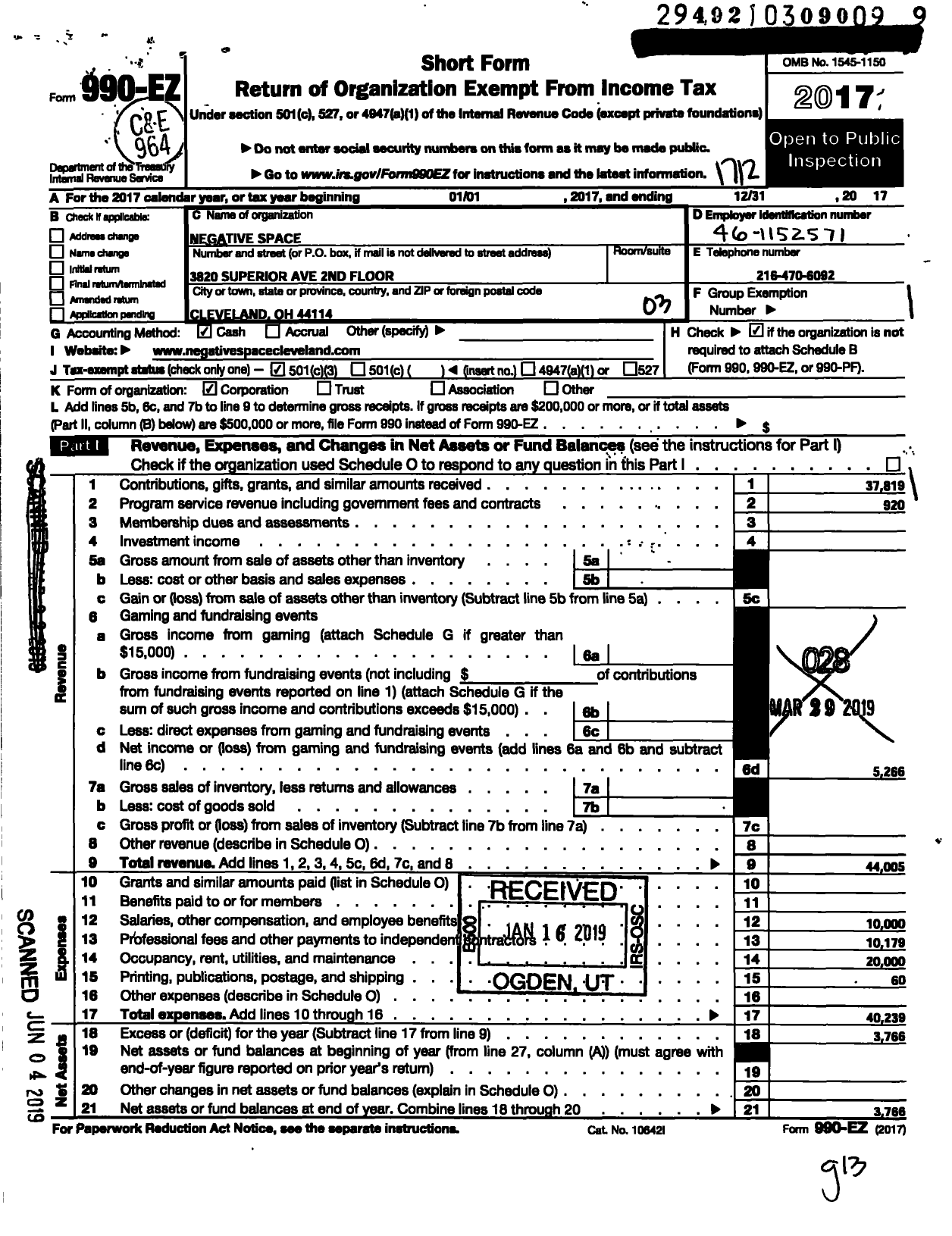 Image of first page of 2017 Form 990EZ for Negative Space Gallery