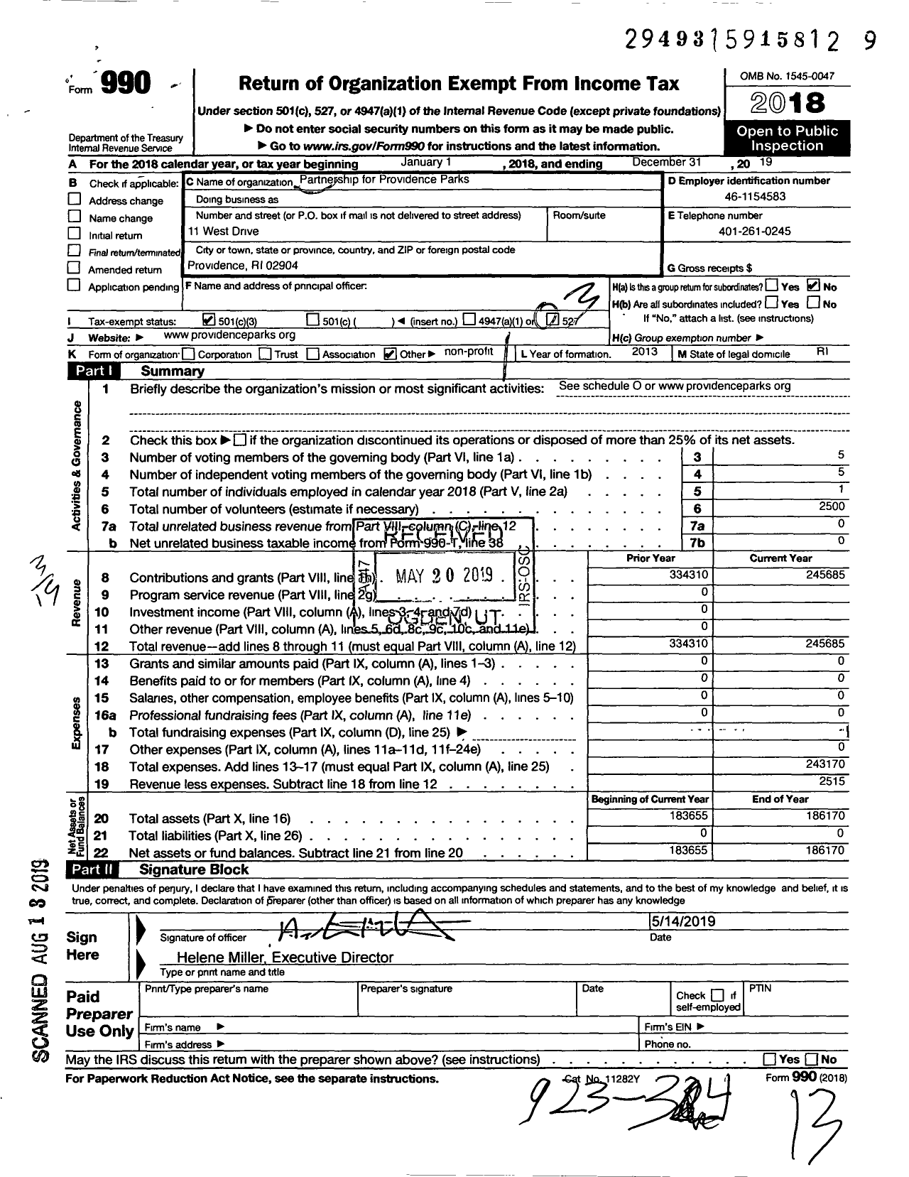 Image of first page of 2019 Form 990 for Partnership for Providence Parks