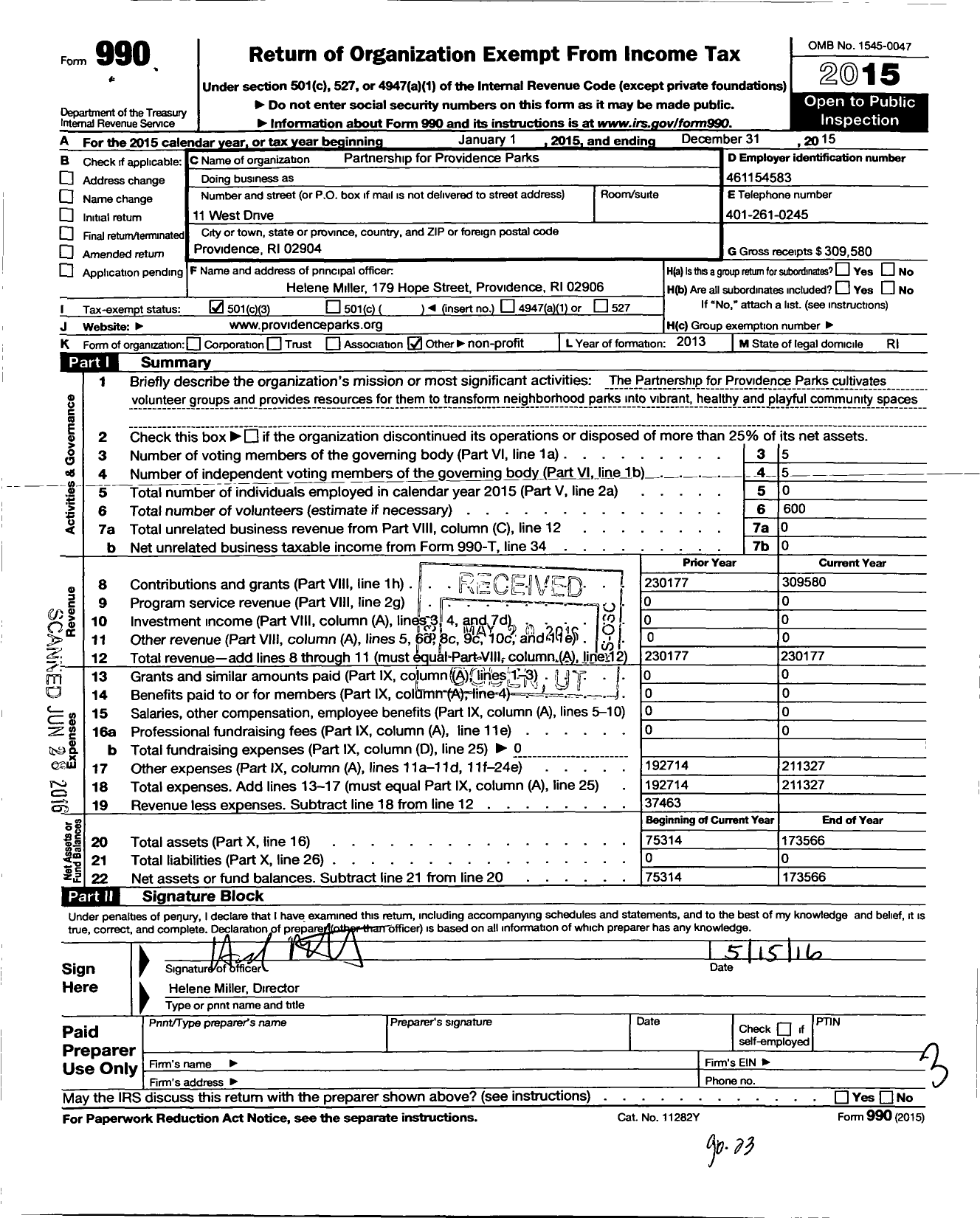 Image of first page of 2015 Form 990 for Partnership for Providence Parks