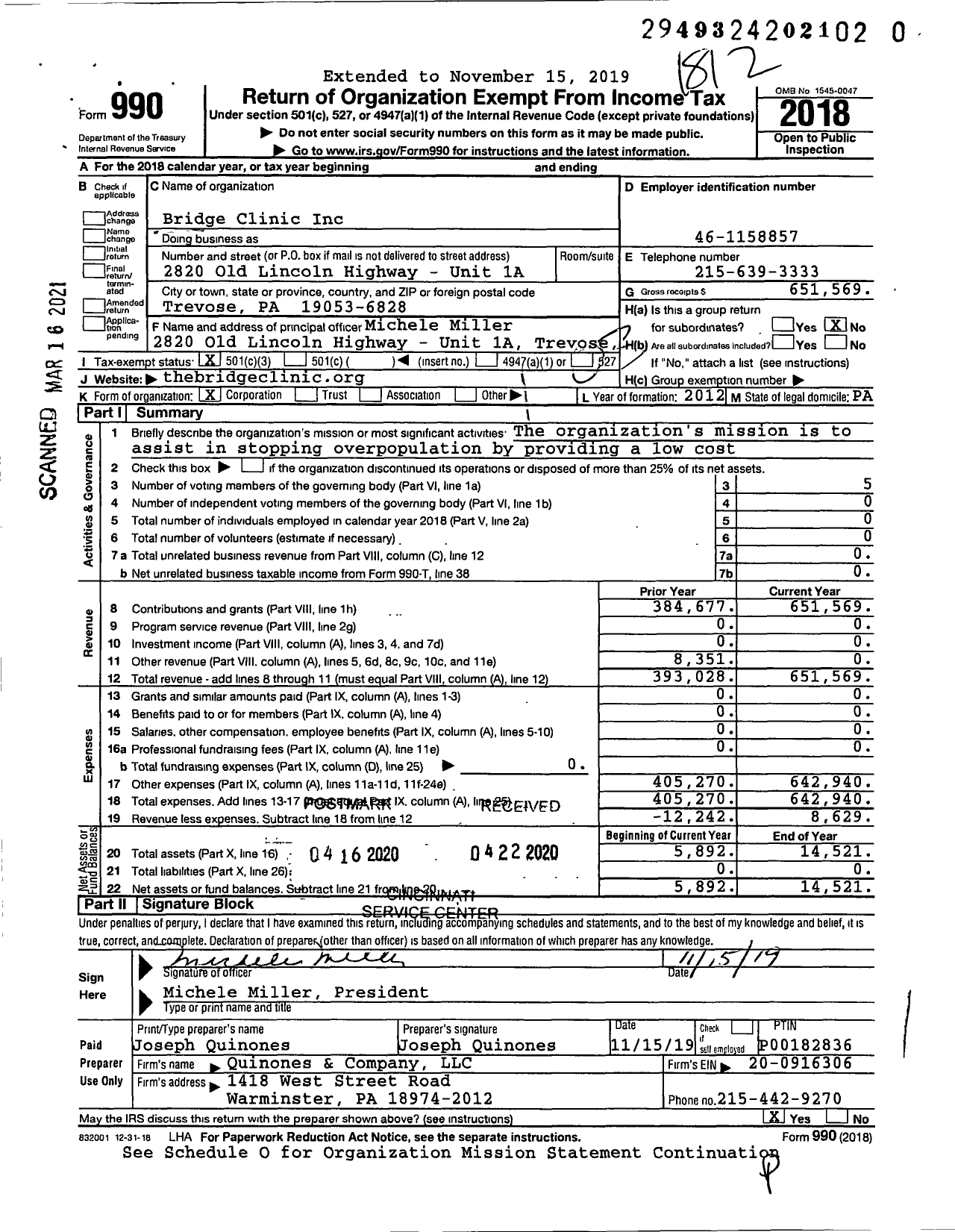 Image of first page of 2018 Form 990 for Bridge Clinic