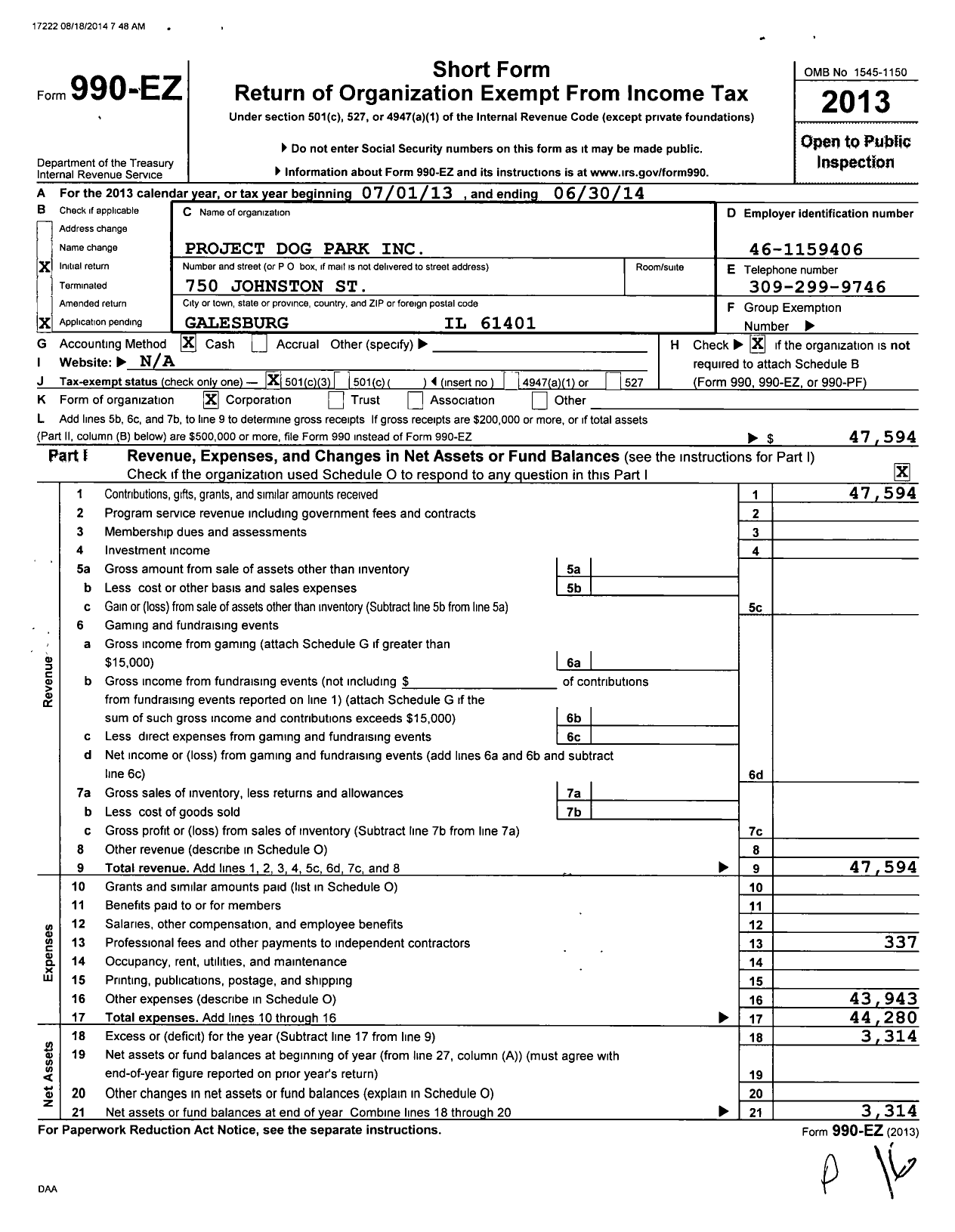 Image of first page of 2013 Form 990EZ for Project Dog Park