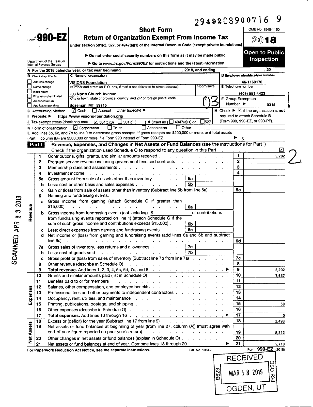 Image of first page of 2018 Form 990EZ for VISIONS Foundation