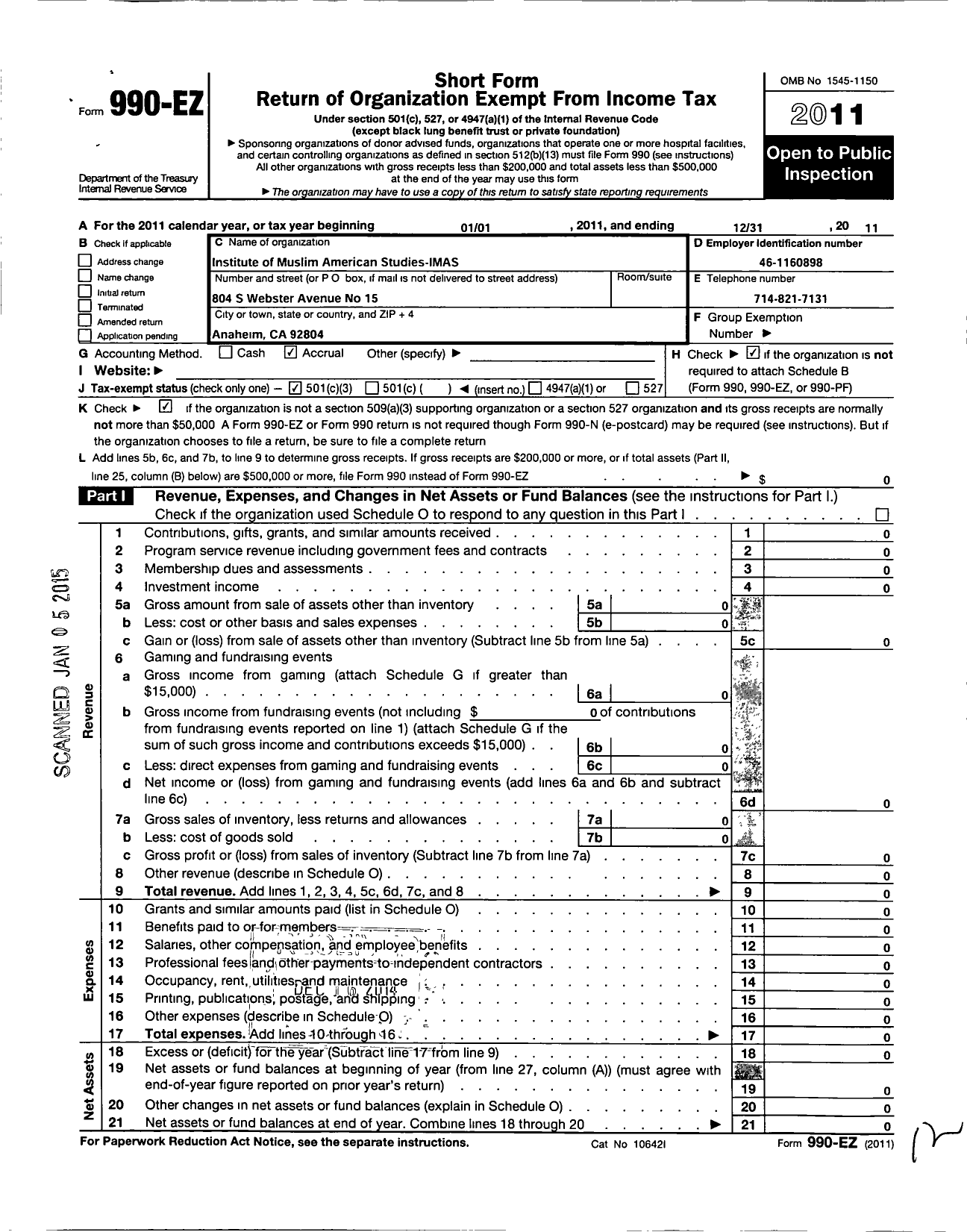 Image of first page of 2011 Form 990EZ for Institute of Muslim American Studies (IMAS)