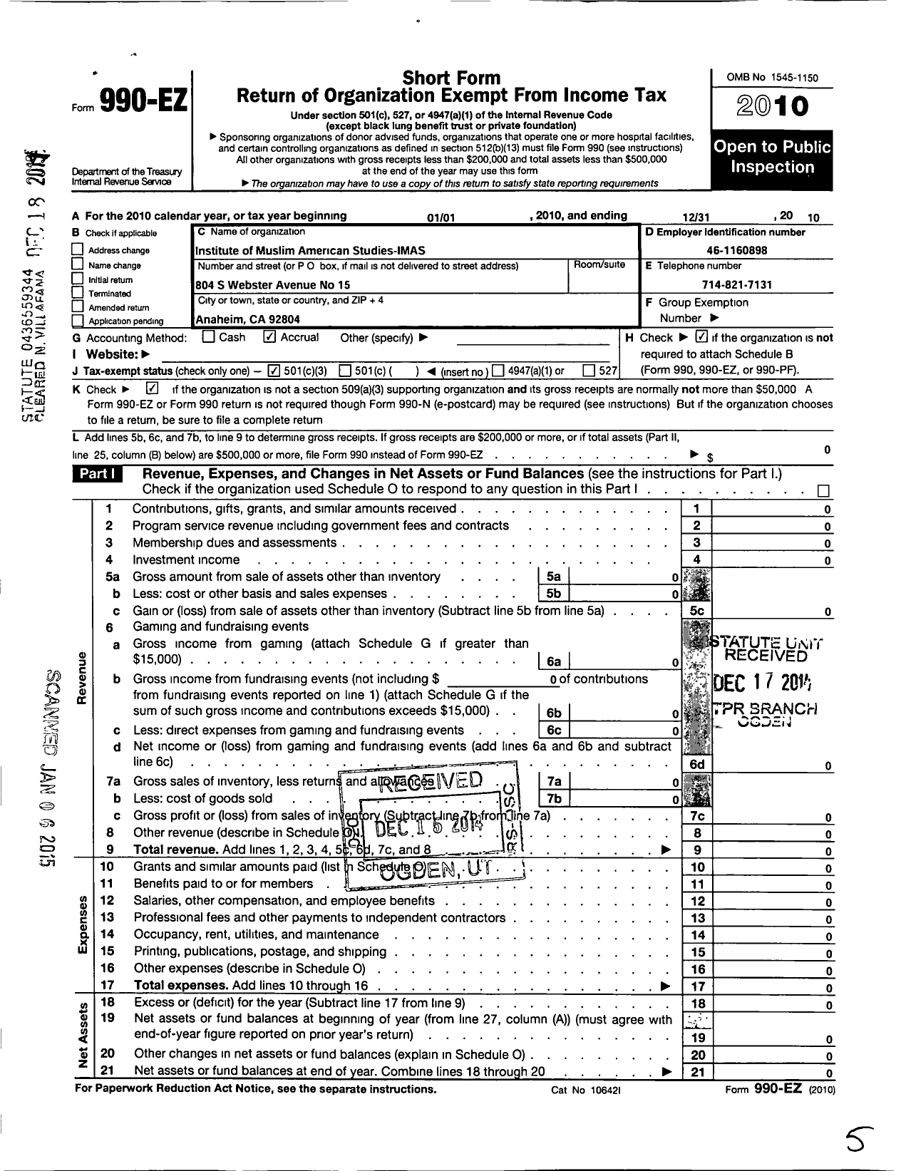 Image of first page of 2010 Form 990EZ for Institute of Muslim American Studies (IMAS)