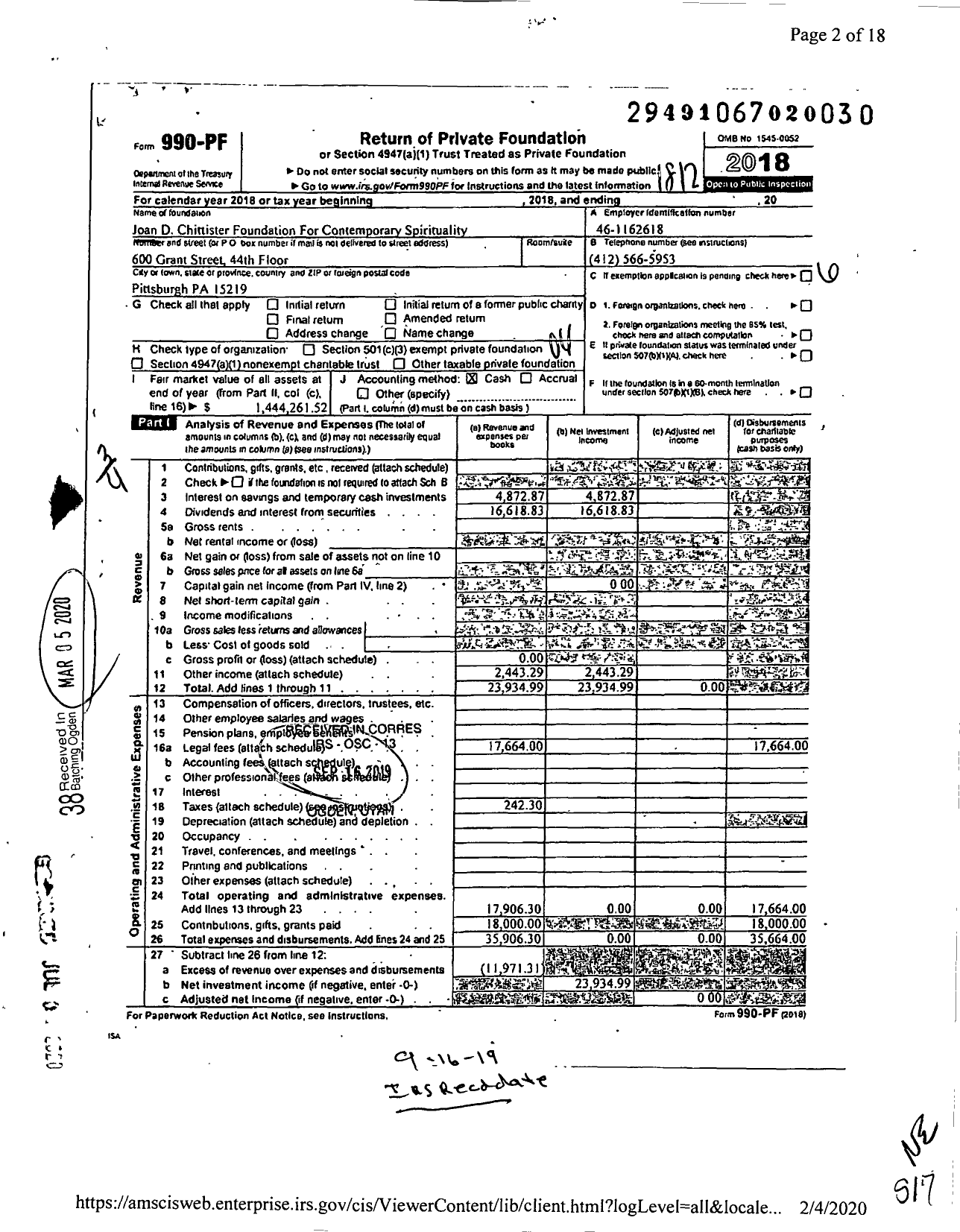 Image of first page of 2018 Form 990PR for Joan D Chittister Foundation for Contemporary Spirituality