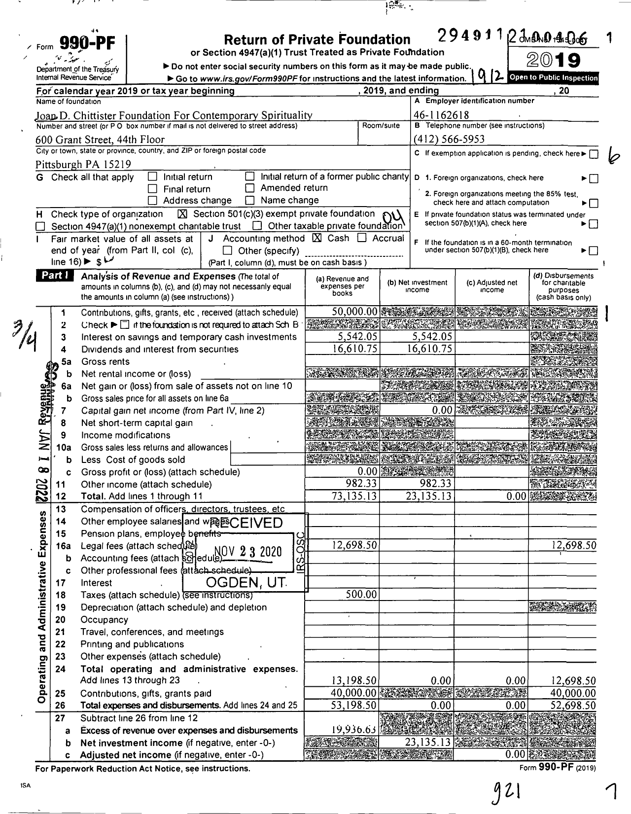 Image of first page of 2019 Form 990PF for Joan D Chittister Foundation for Contemporary Spirituality