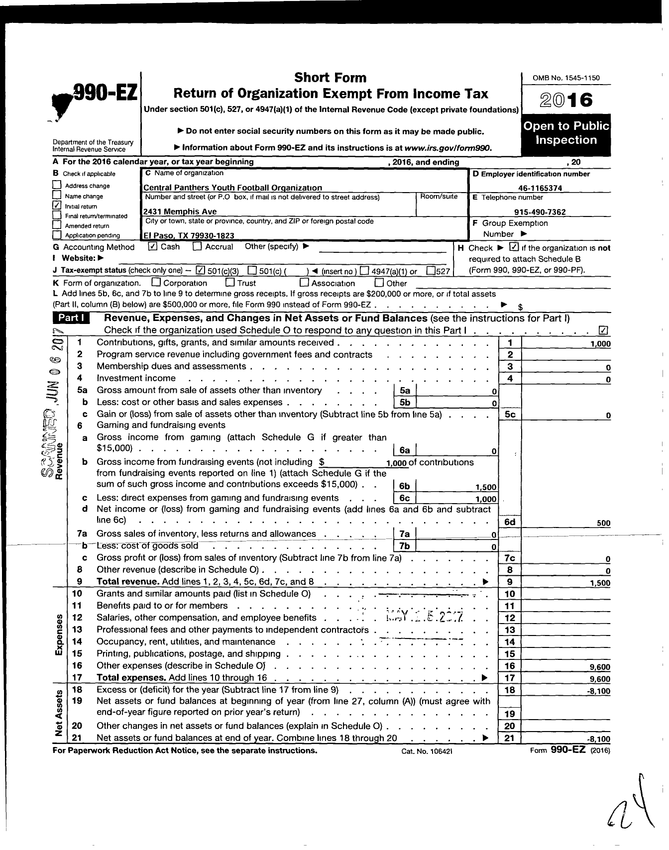 Image of first page of 2016 Form 990EZ for Central Panthers Youth Football Organization