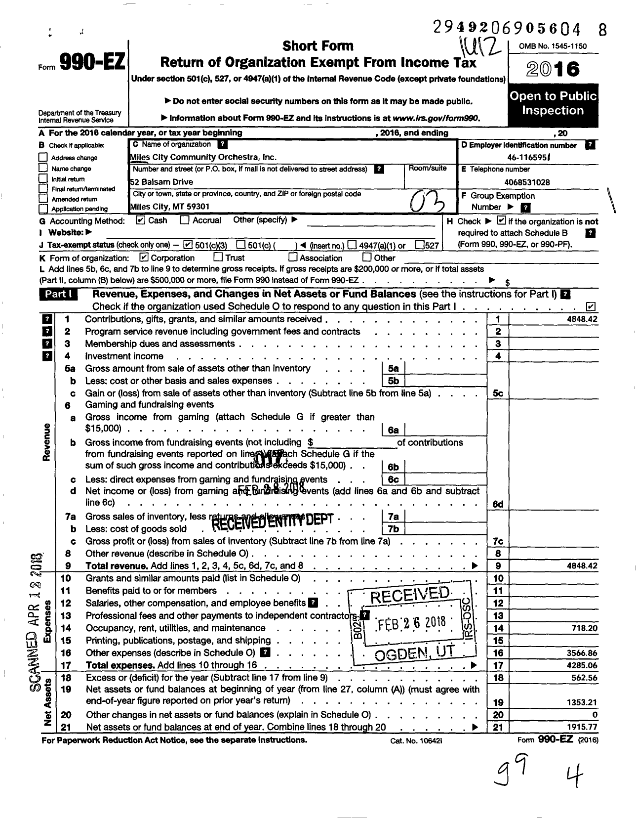 Image of first page of 2016 Form 990EZ for Miles City Community Orchestra