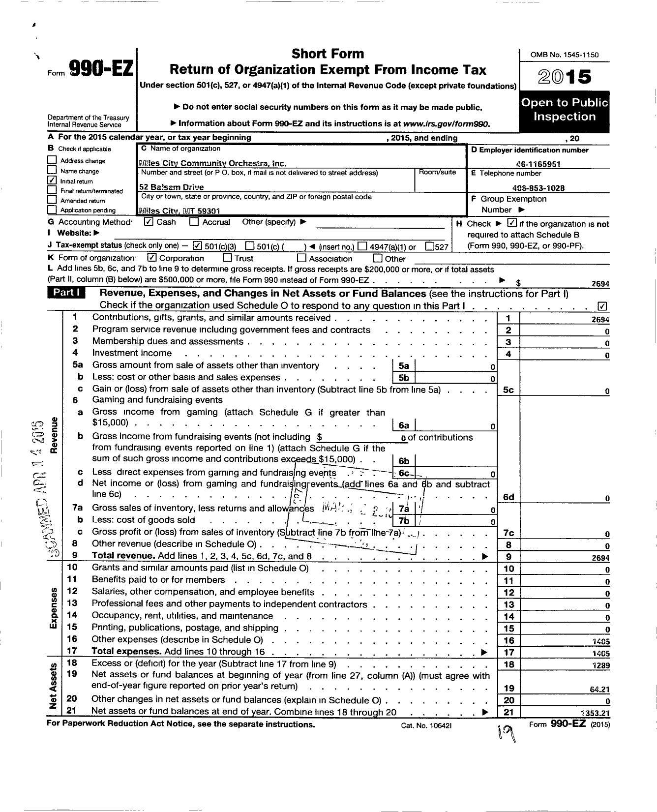 Image of first page of 2015 Form 990EZ for Miles City Community Orchestra