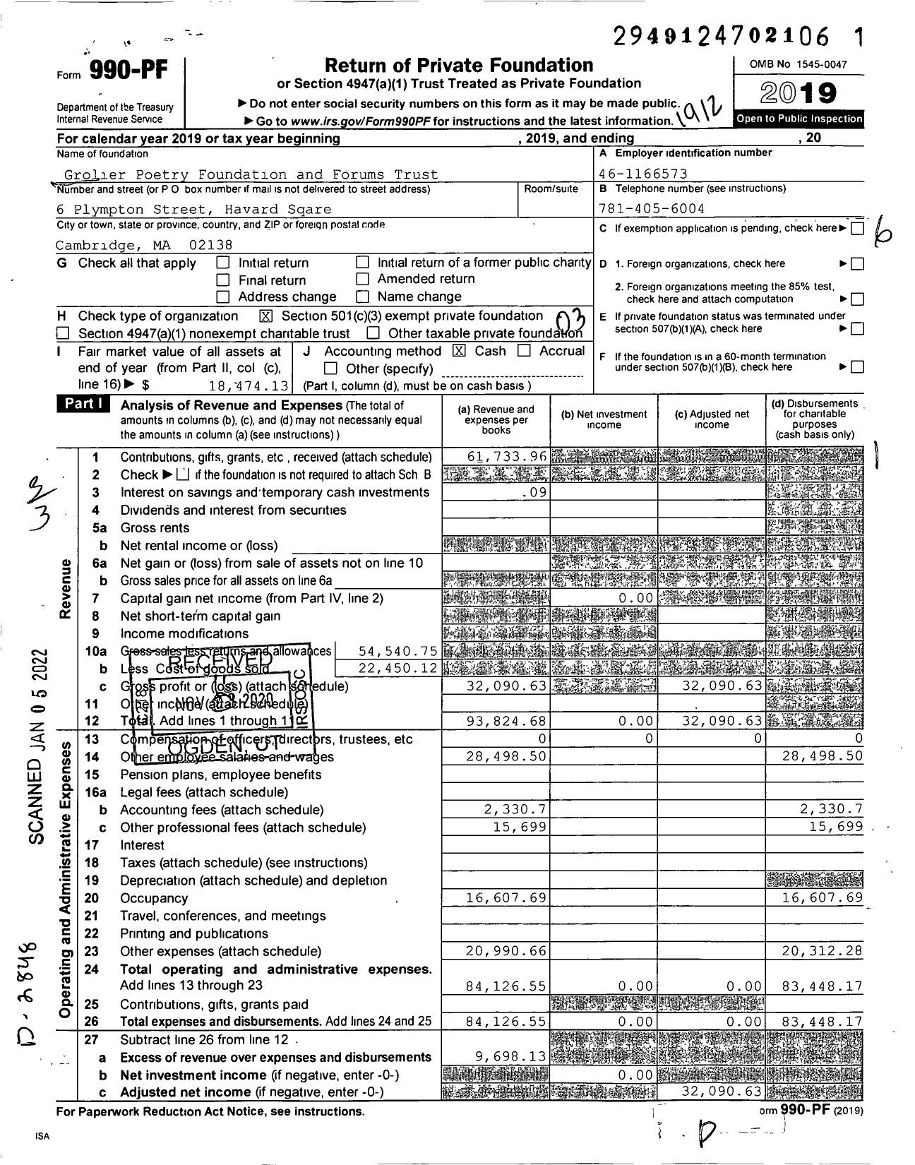 Image of first page of 2019 Form 990PF for Grolier Poetry Foundation and Forums Trust