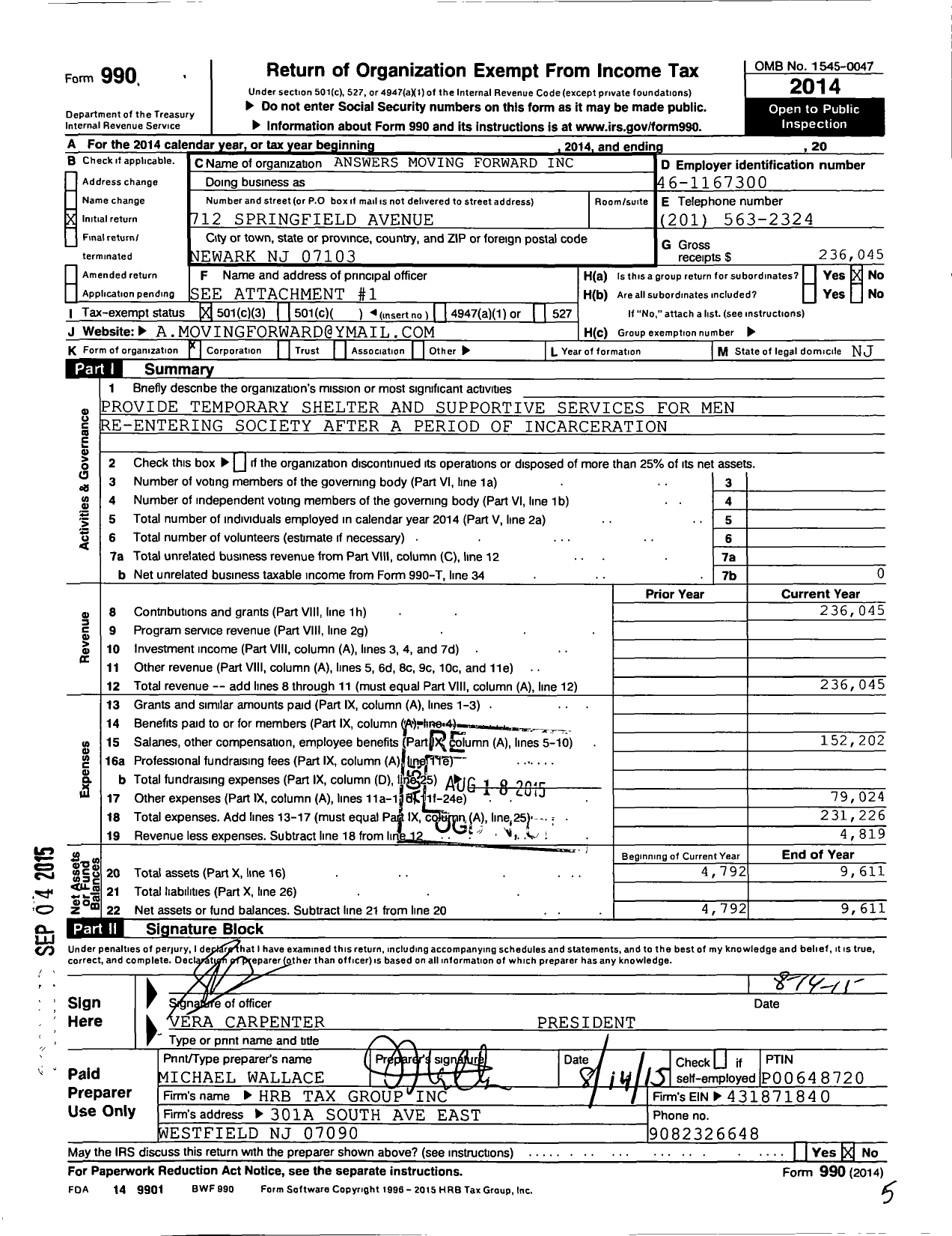 Image of first page of 2014 Form 990 for Answers Moving Forward (AMF)