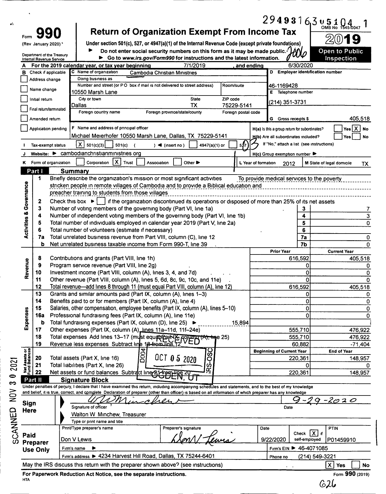 Image of first page of 2019 Form 990 for Cambodia Christian Ministries