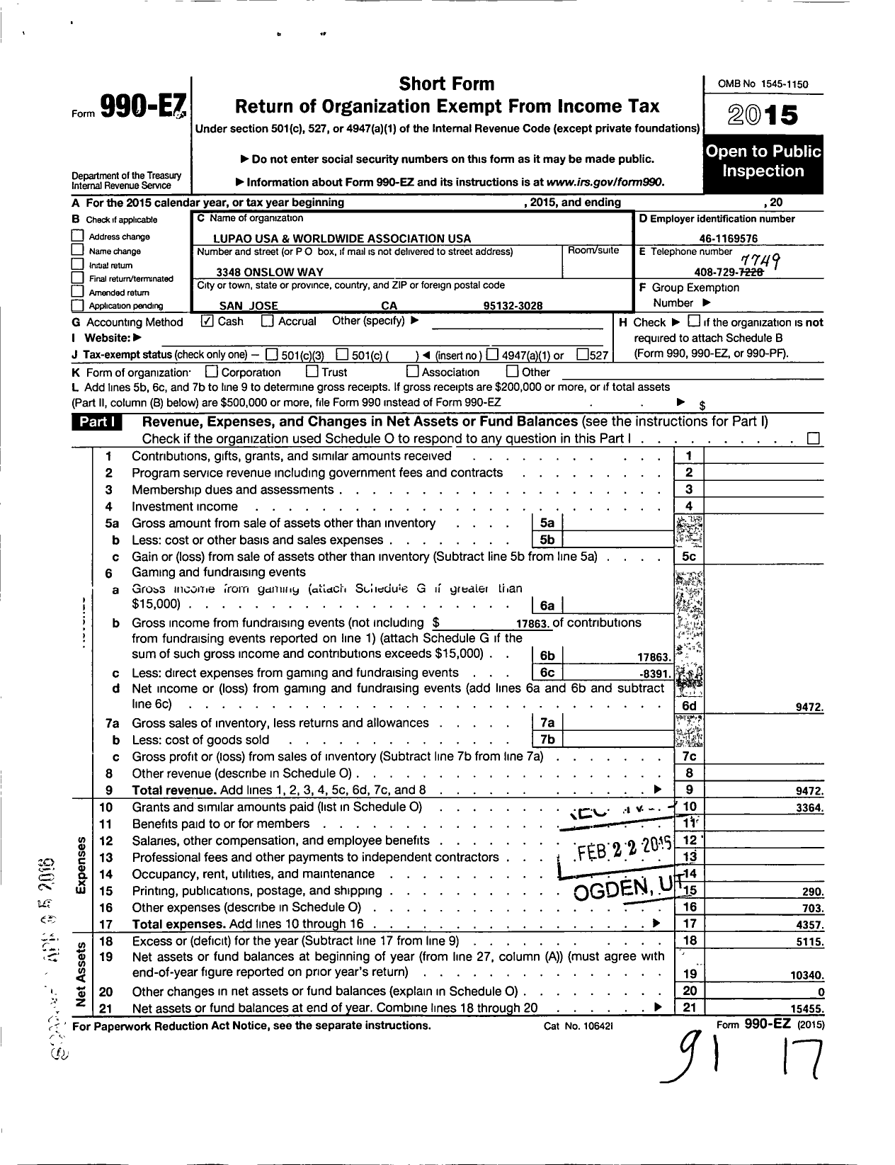 Image of first page of 2015 Form 990EO for Lupao USA and Worldwide Association