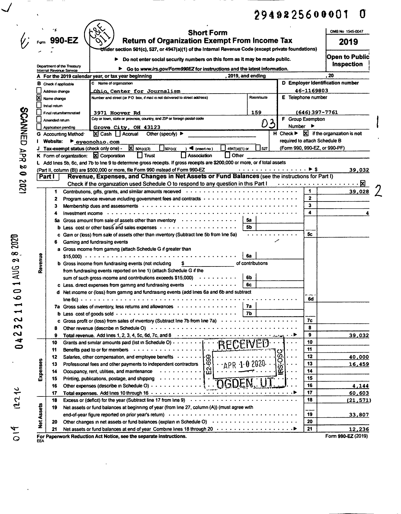 Image of first page of 2019 Form 990EZ for Ohio Center for Journalism