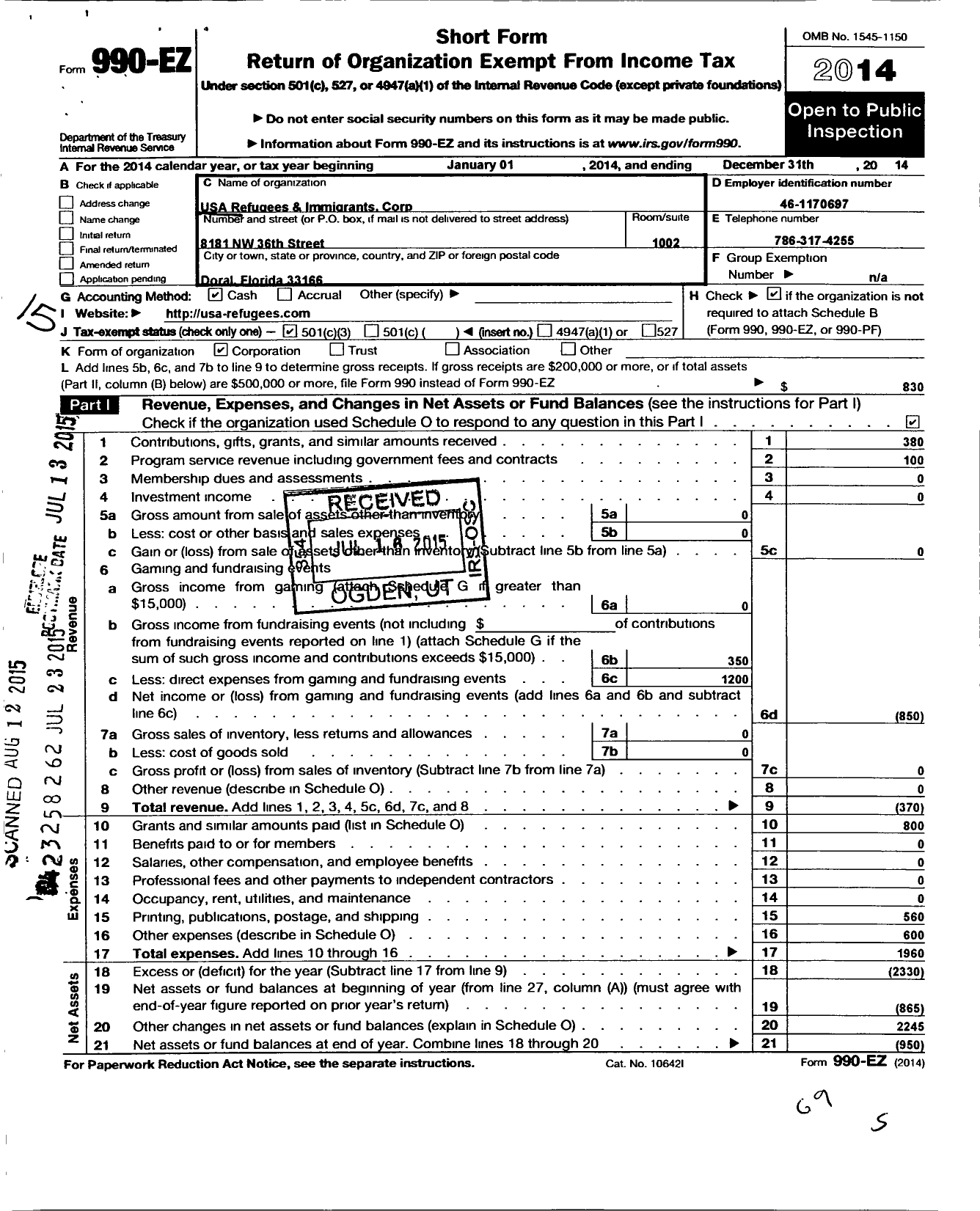 Image of first page of 2014 Form 990EZ for USA Refugees and Immigrants Corporation