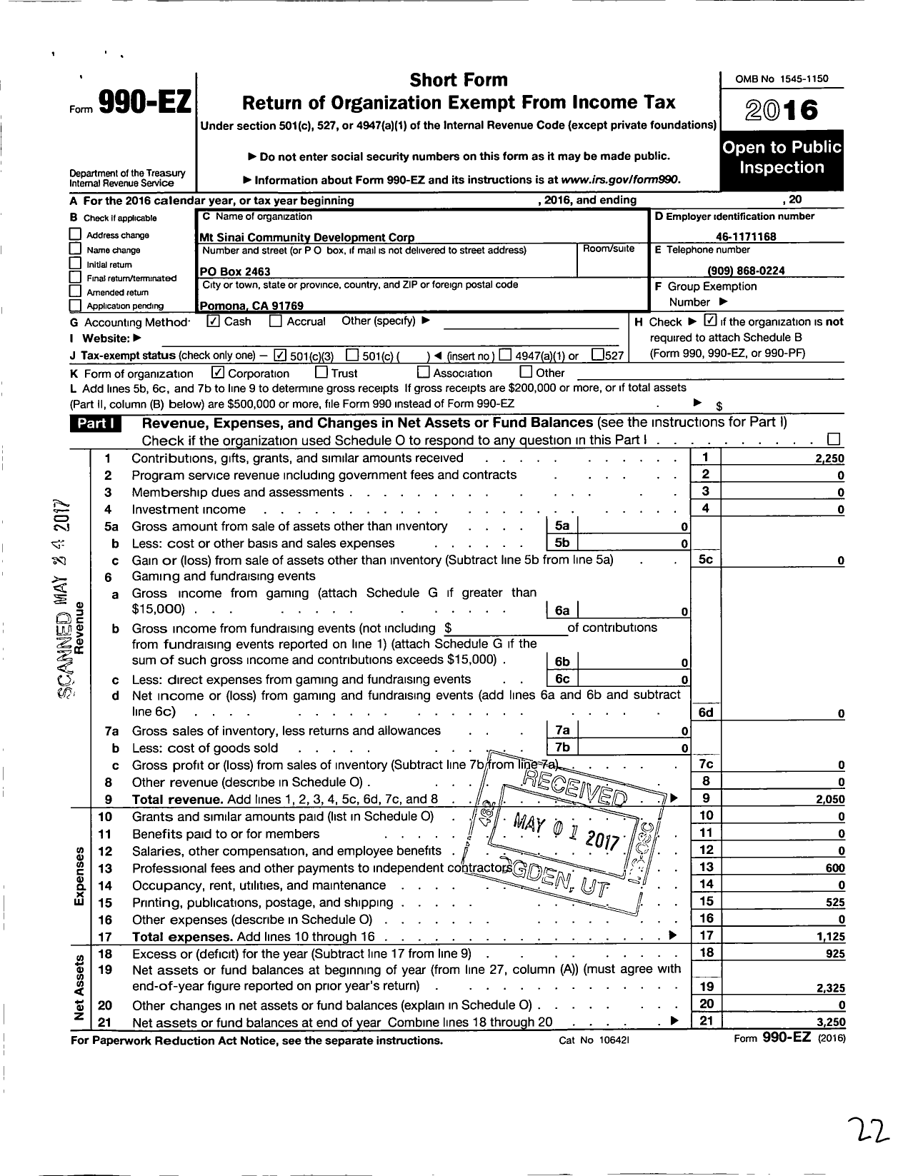 Image of first page of 2016 Form 990EZ for MT Sinai Community Development Corporation