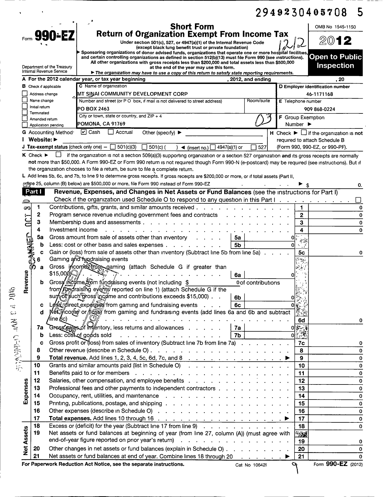 Image of first page of 2012 Form 990EO for MT Sinai Community Development Corporation