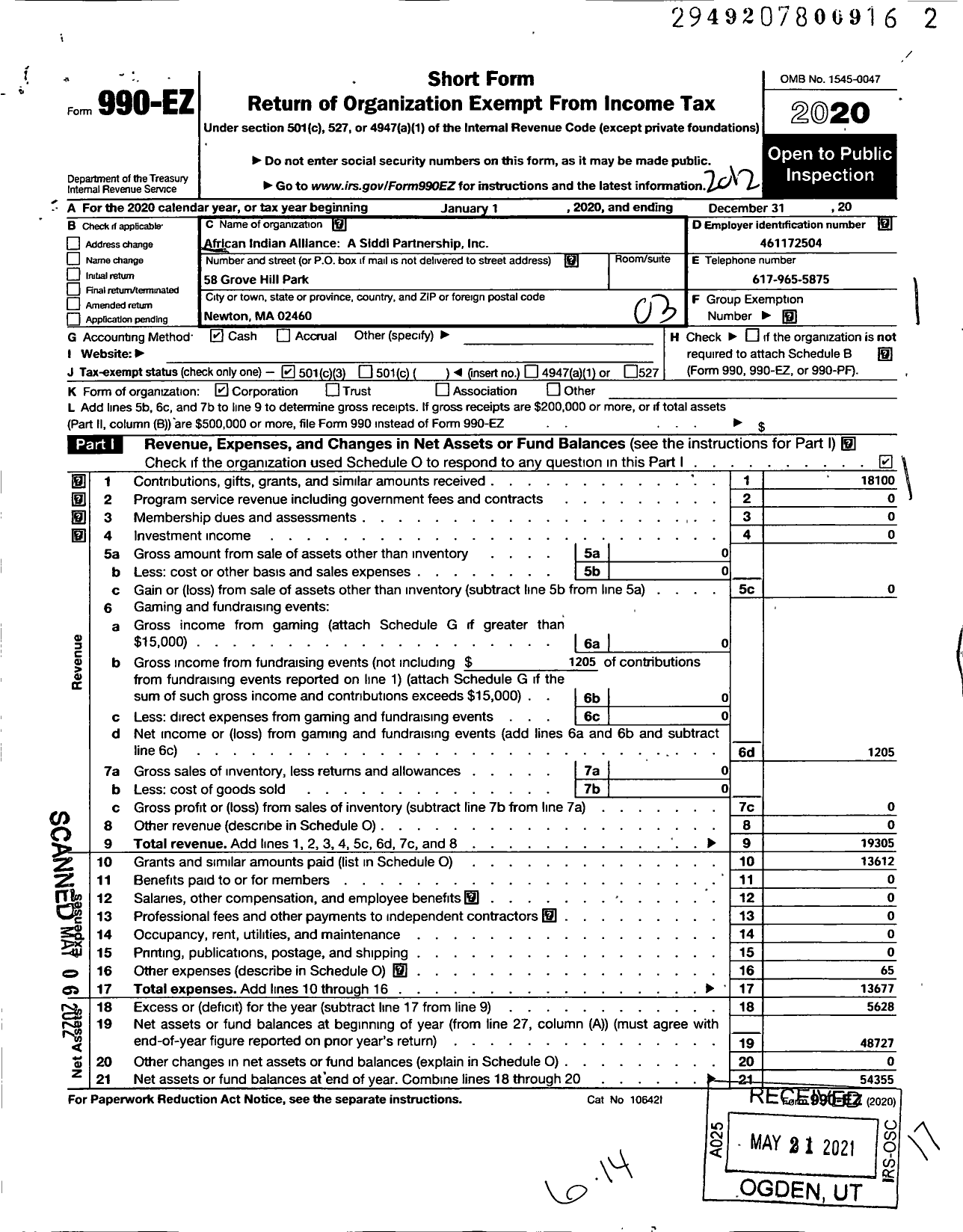 Image of first page of 2020 Form 990EZ for African Indian Alliance A Siddi Partnership