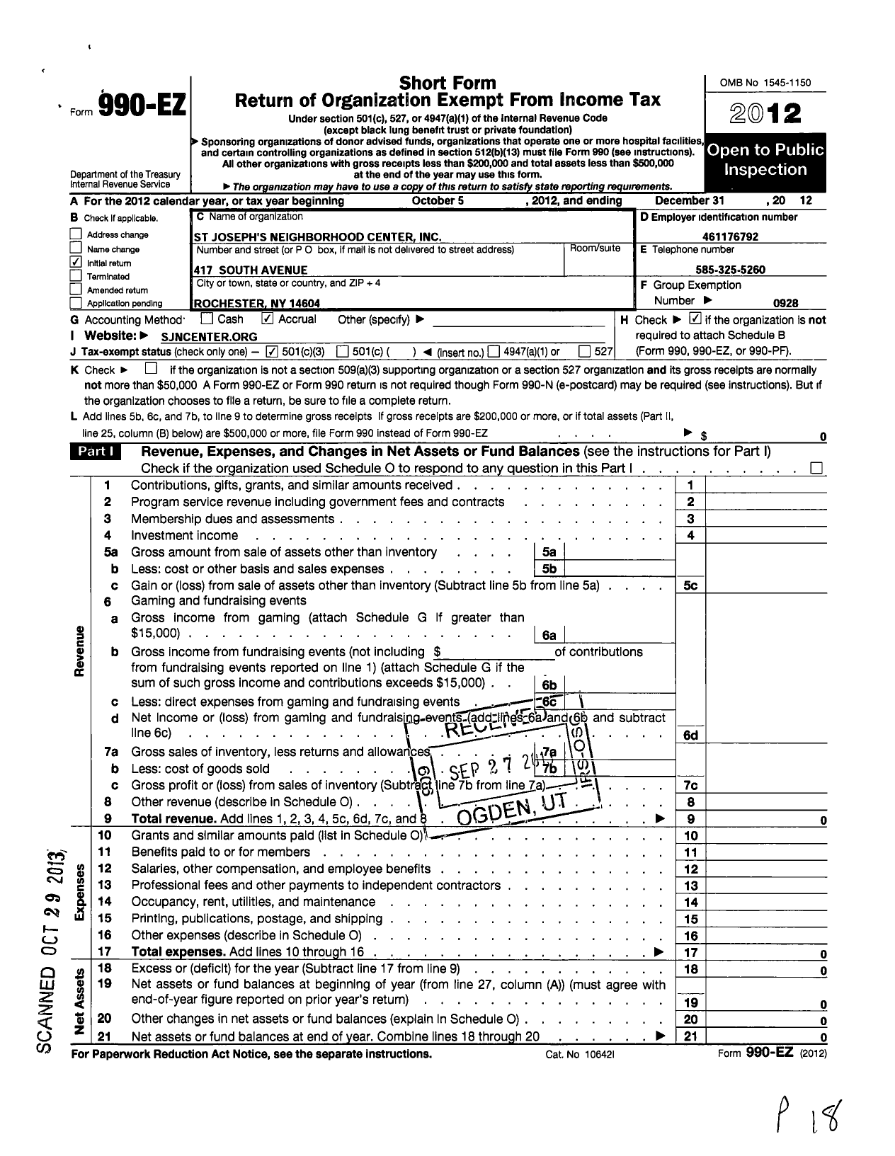 Image of first page of 2012 Form 990EZ for St Josephs Neighborhood Center