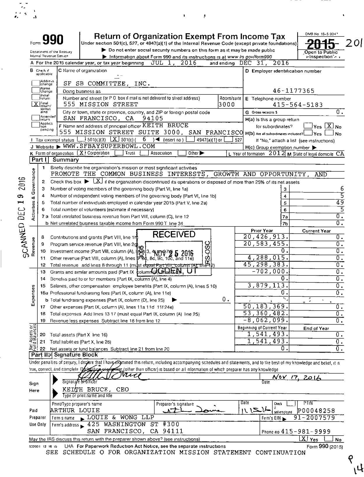 Image of first page of 2016 Form 990O for Super Bowl 50 Host Committee