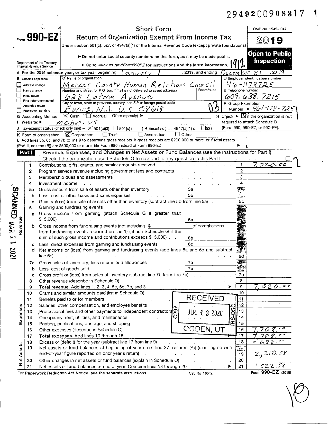 Image of first page of 2019 Form 990EZ for Mercer County Human Relations Council