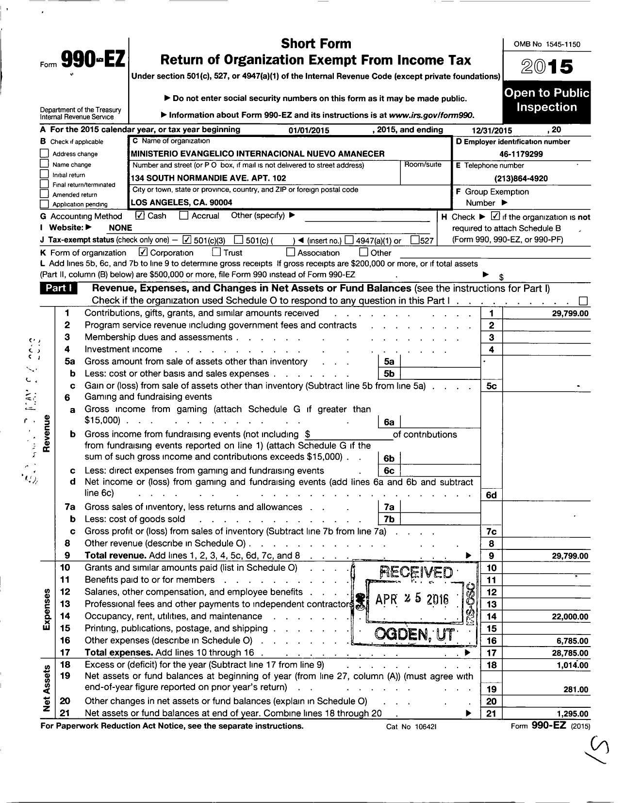 Image of first page of 2015 Form 990EZ for Ministerio Evangelico International