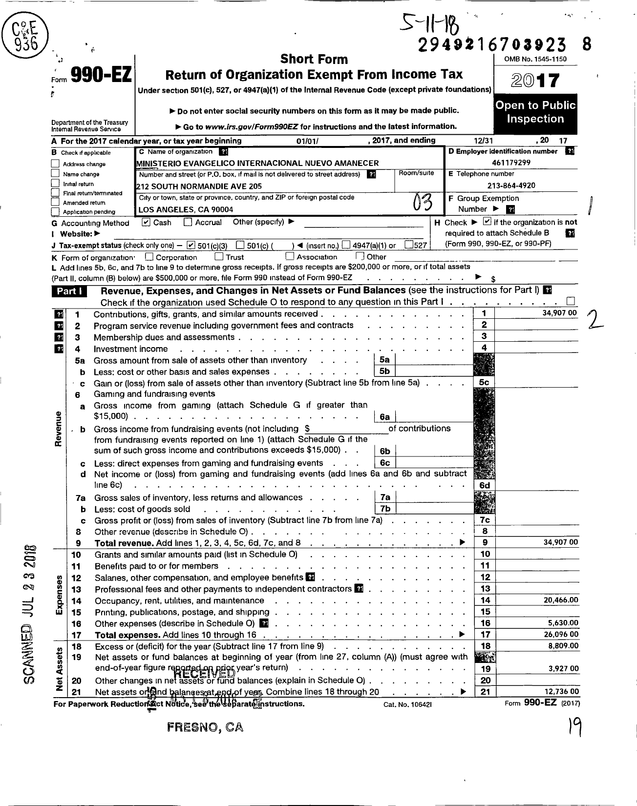 Image of first page of 2017 Form 990EZ for Ministerio Evangelico International