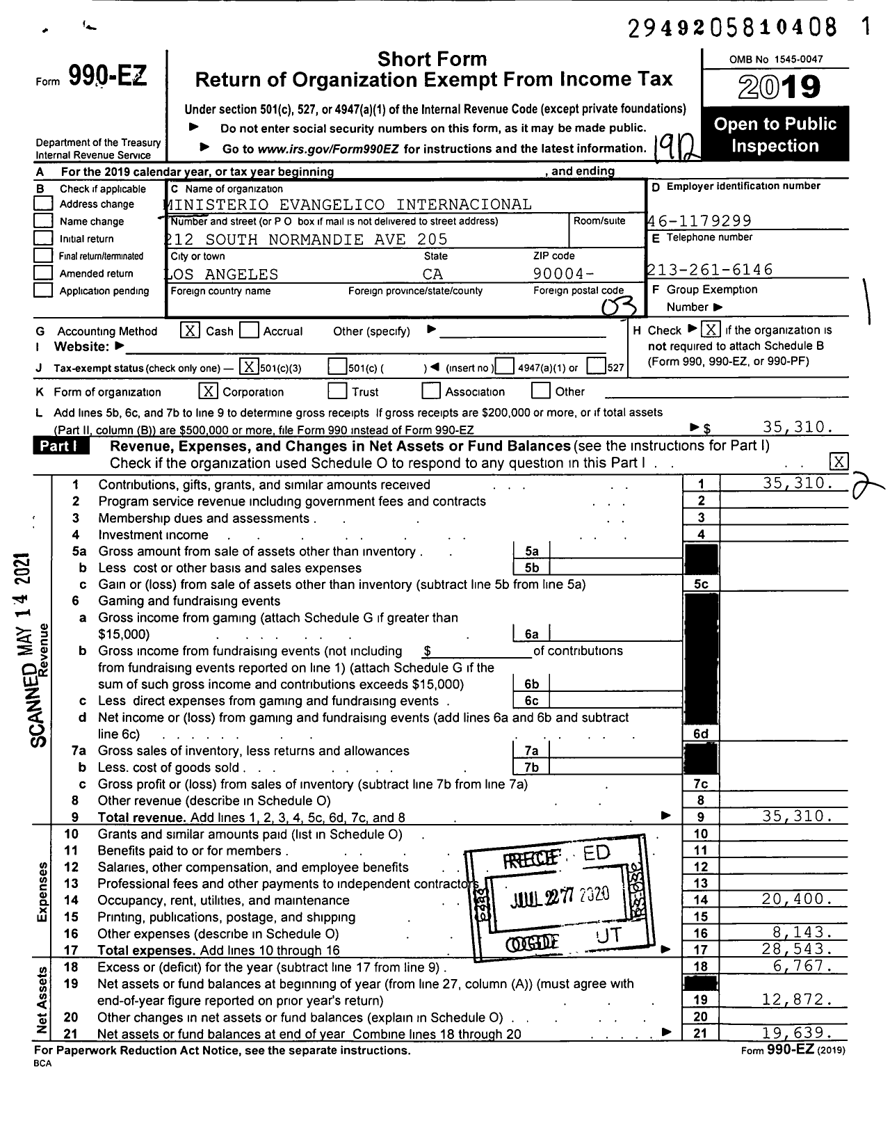 Image of first page of 2019 Form 990EZ for Ministerio Evangelico International