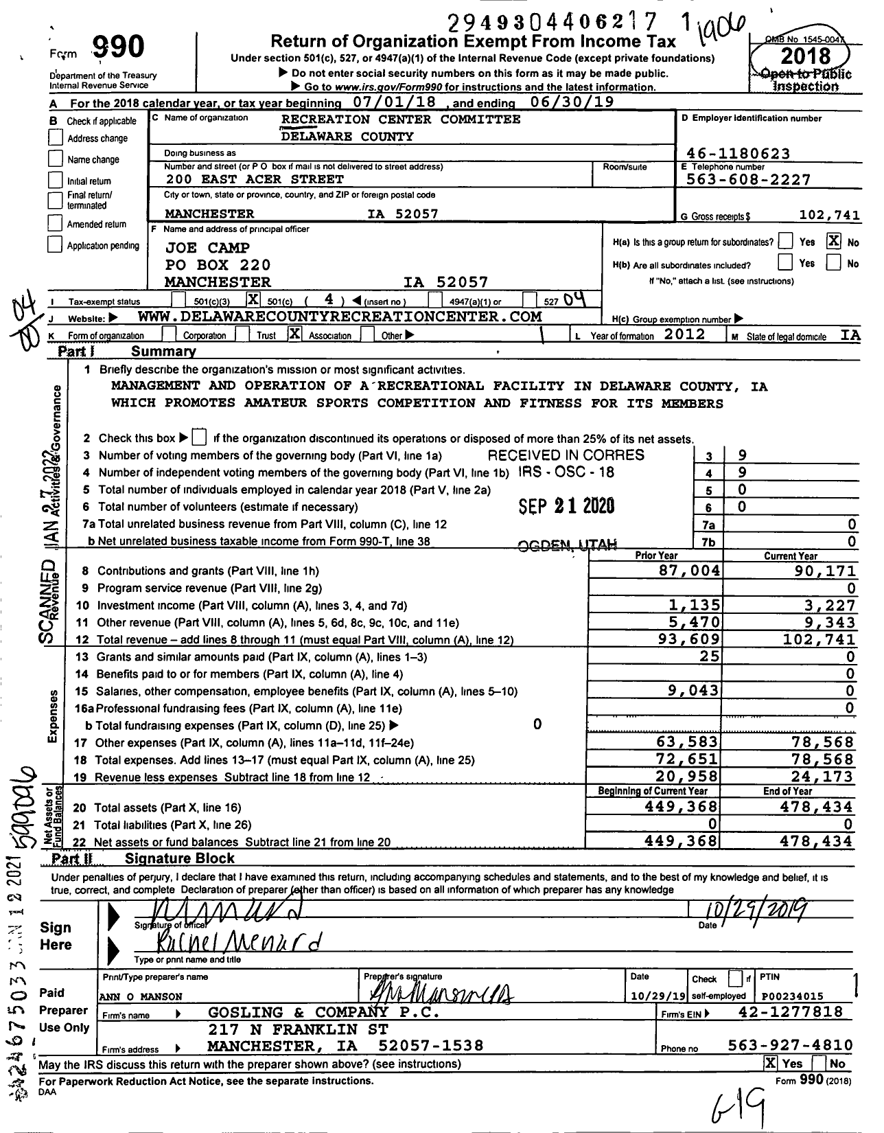 Image of first page of 2018 Form 990O for Recreation Center Committee Delaware County