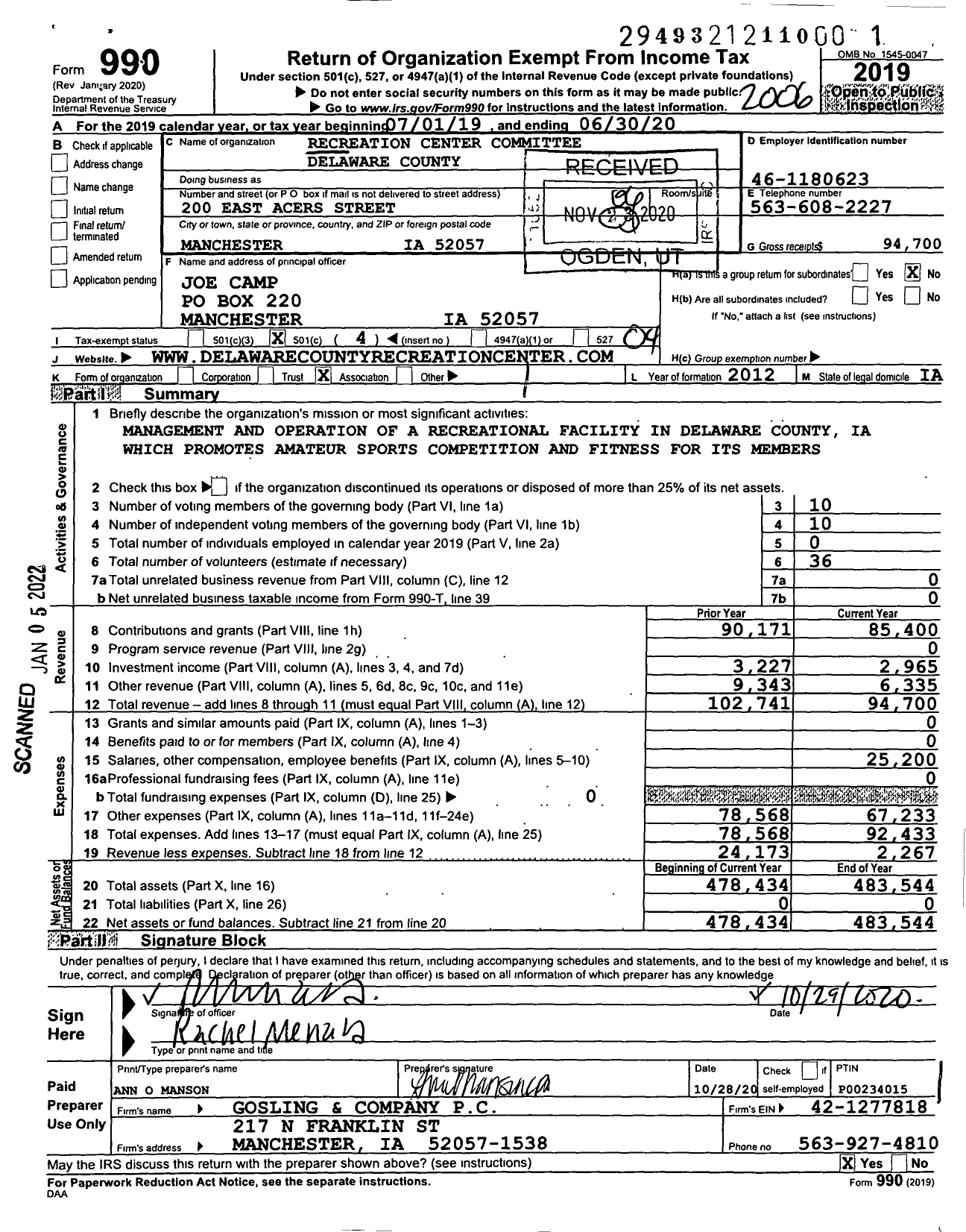 Image of first page of 2019 Form 990O for Recreation Center Committee Delaware County