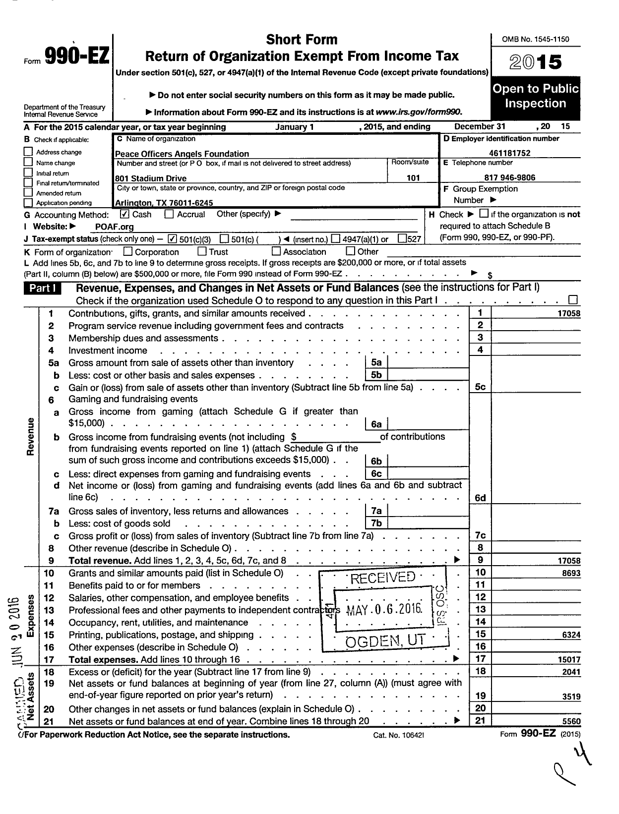 Image of first page of 2015 Form 990EZ for Peace Officers Angels Foundation