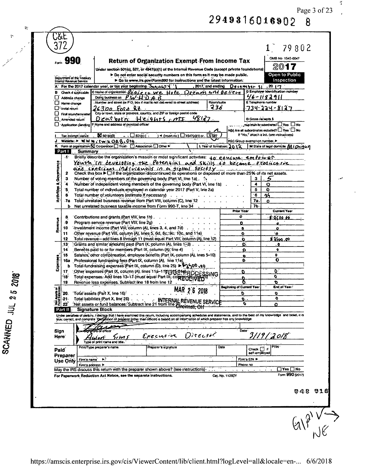 Image of first page of 2017 Form 990 for Project We Hope Dream and Believe