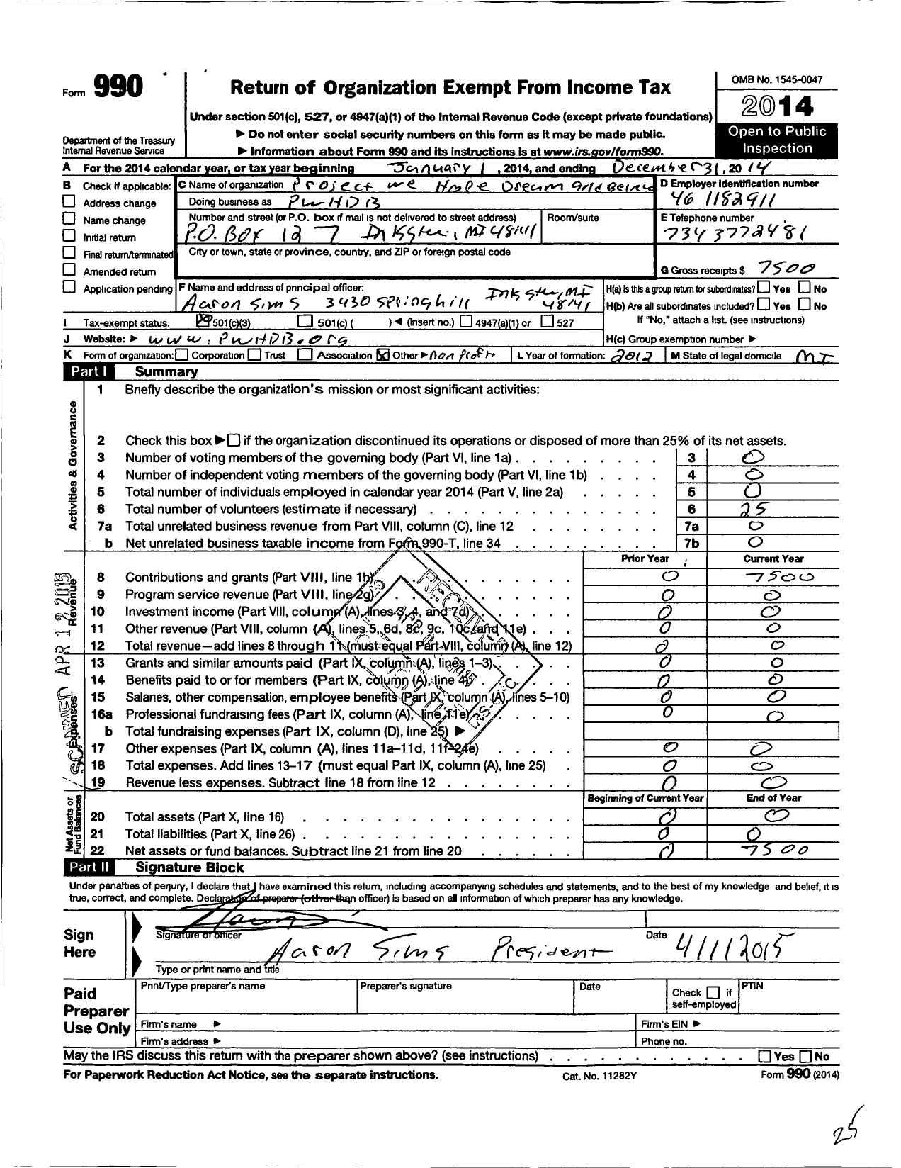 Image of first page of 2014 Form 990 for Project We Hope Dream and Believe