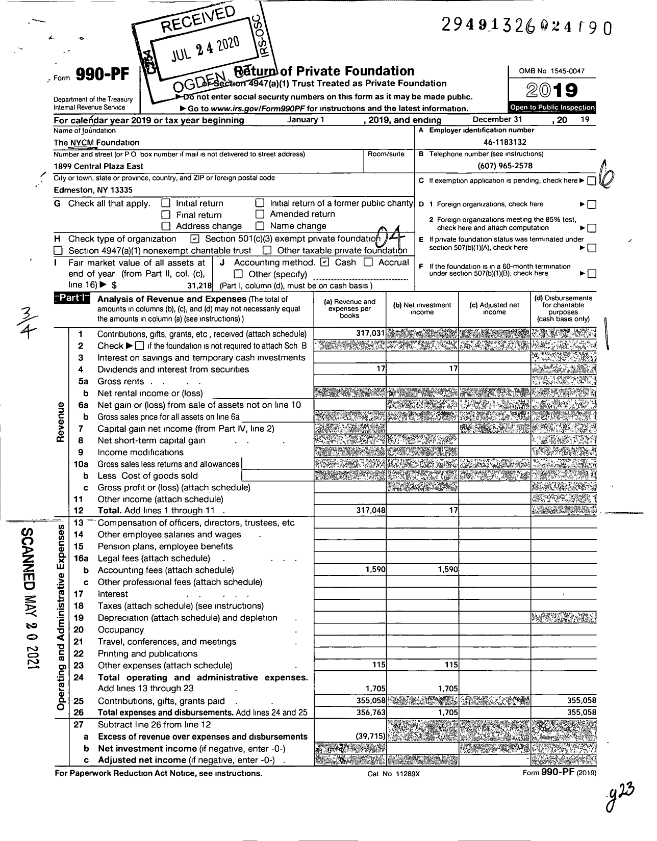 Image of first page of 2019 Form 990PF for The Nycm Foundation