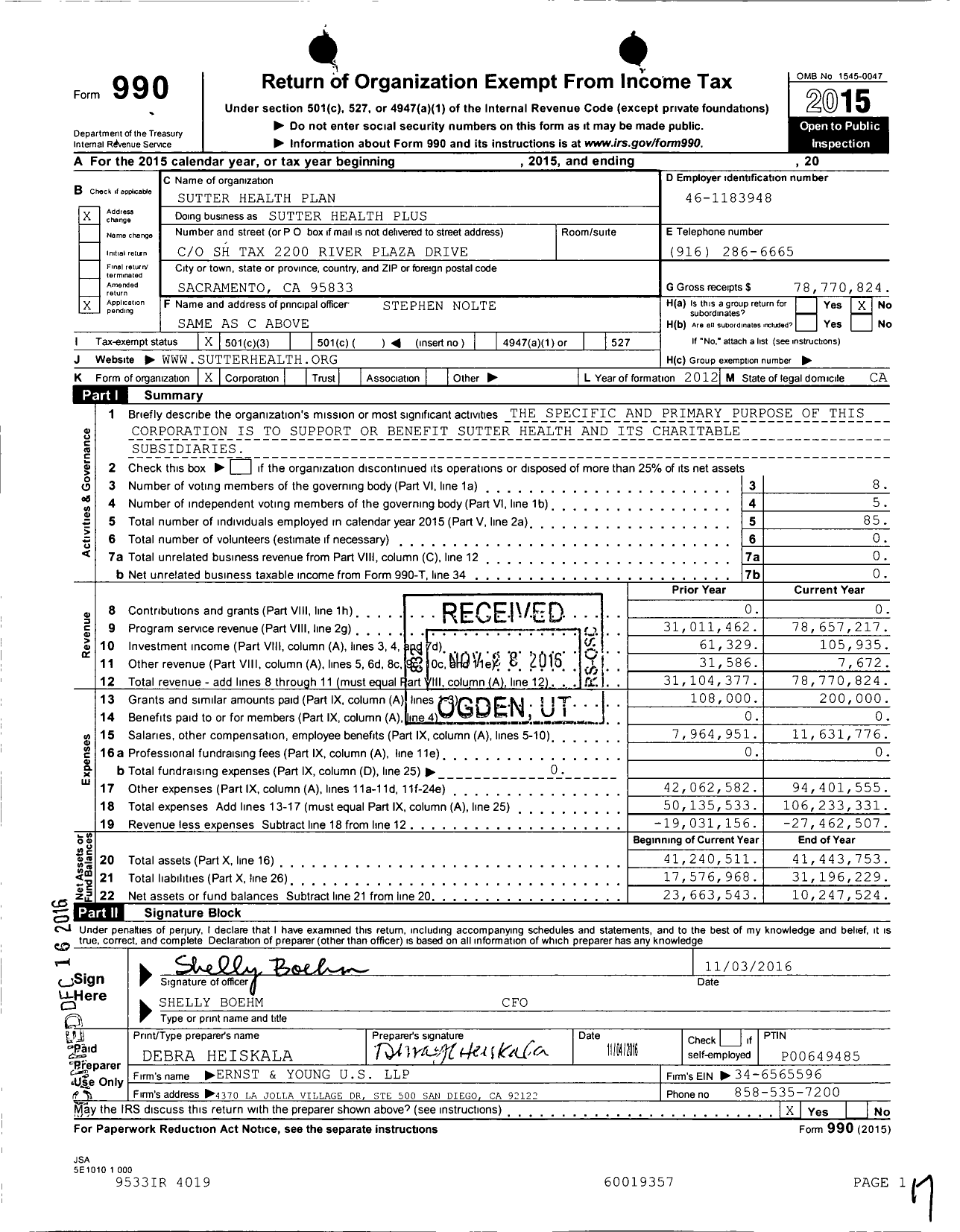 Image of first page of 2015 Form 990 for Sutter Health Plus