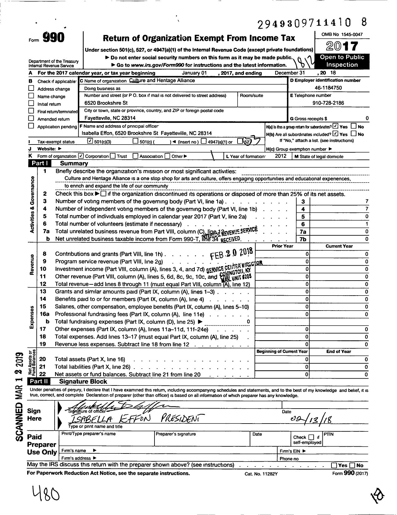Image of first page of 2018 Form 990 for Culture and Heritage Alliance