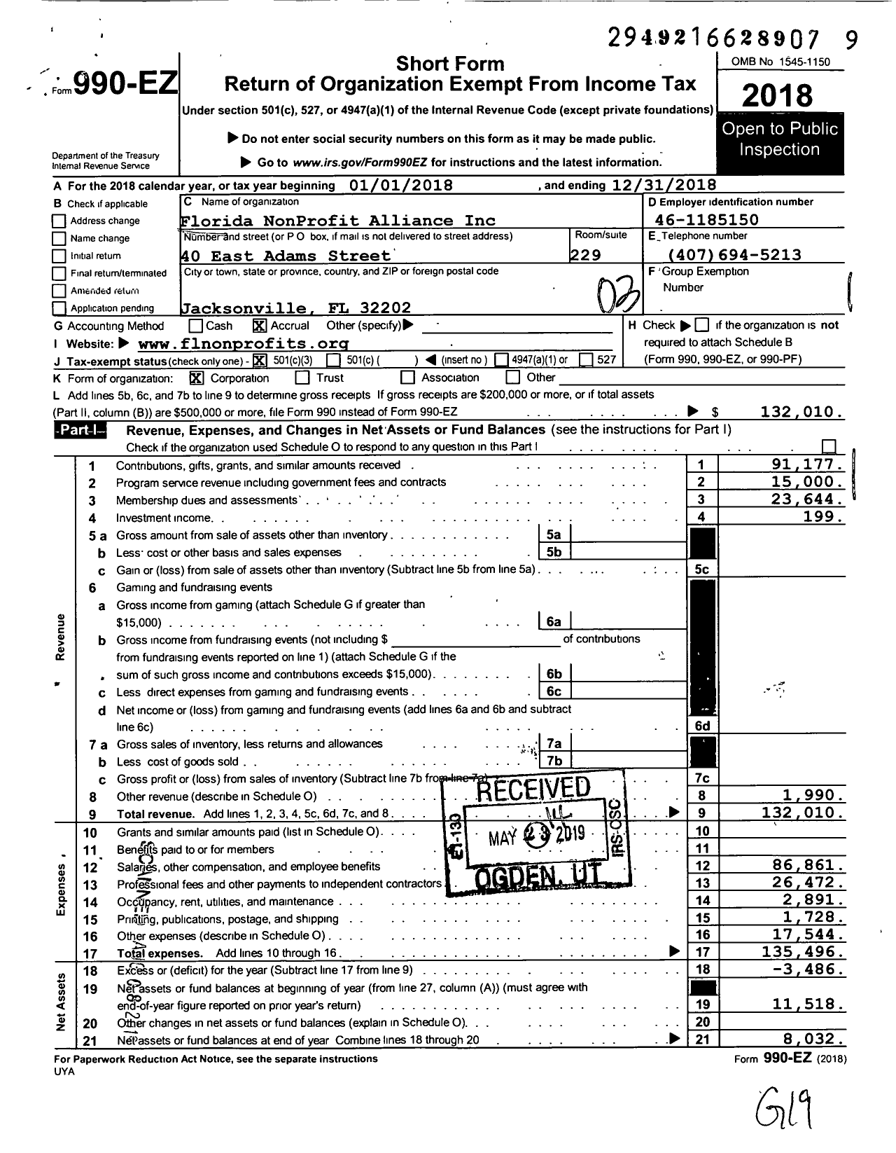 Image of first page of 2018 Form 990EZ for Florida Nonprofit Alliance