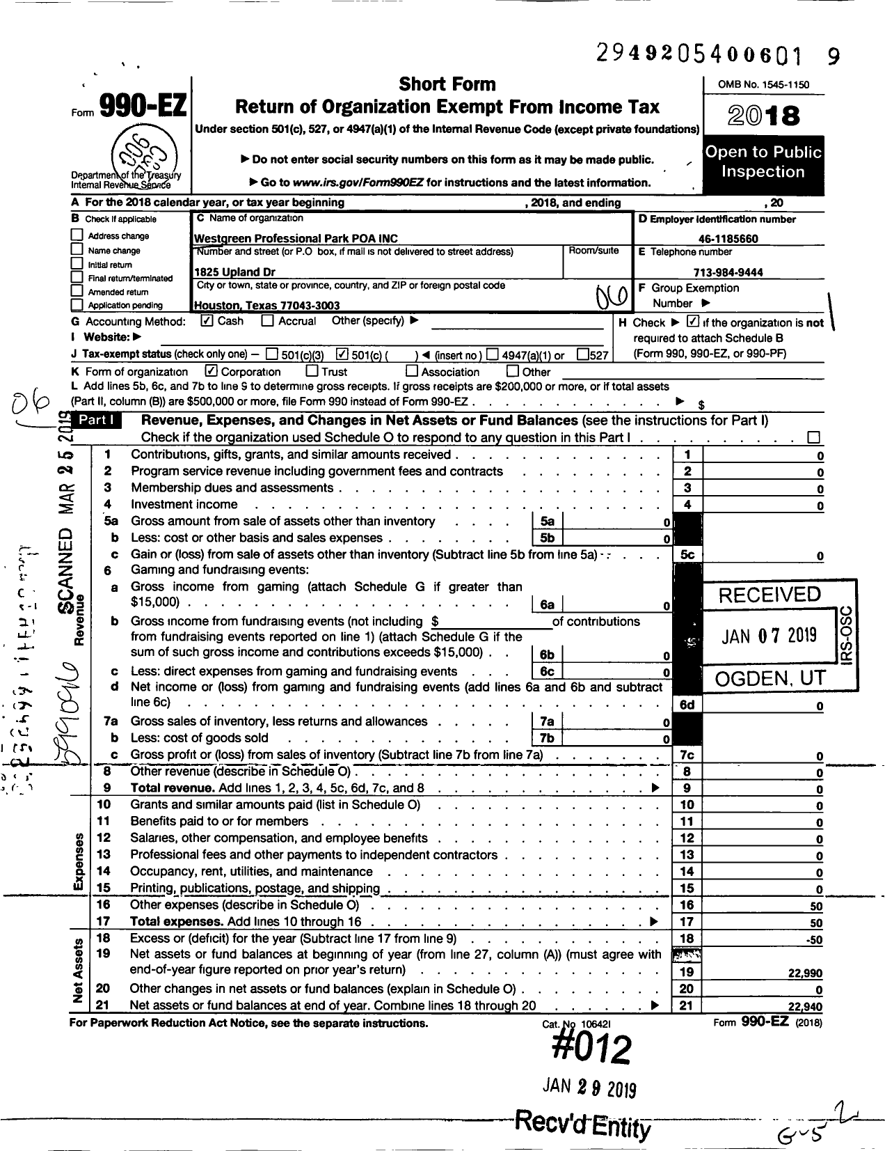 Image of first page of 2018 Form 990EO for Westgreen Professional Park Poa