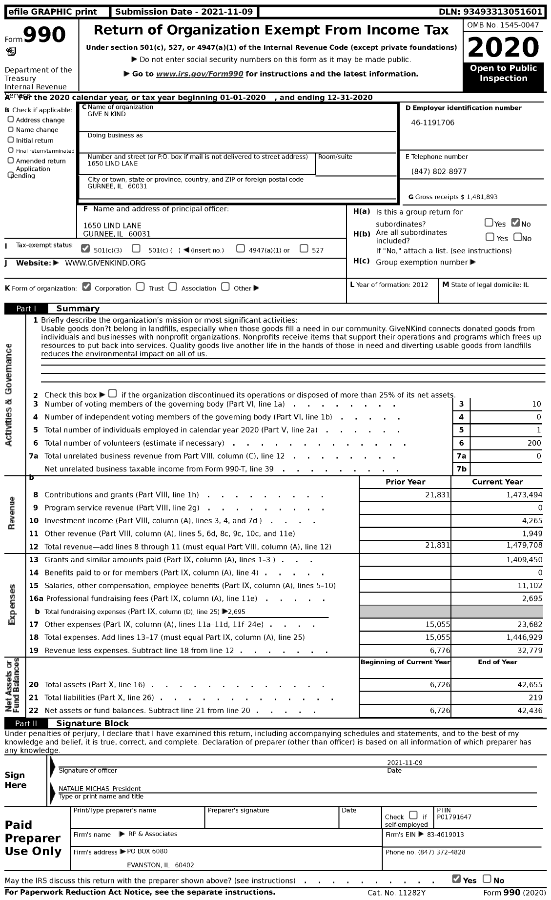 Image of first page of 2020 Form 990 for Givenkind N Kind