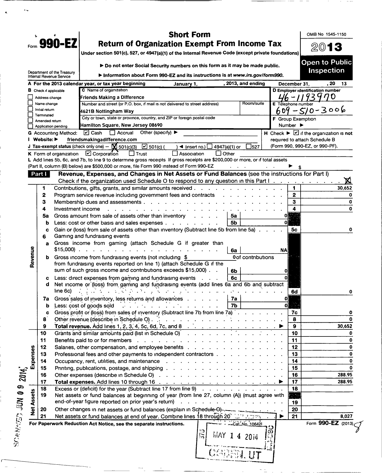 Image of first page of 2013 Form 990EZ for Friends Making A Difference