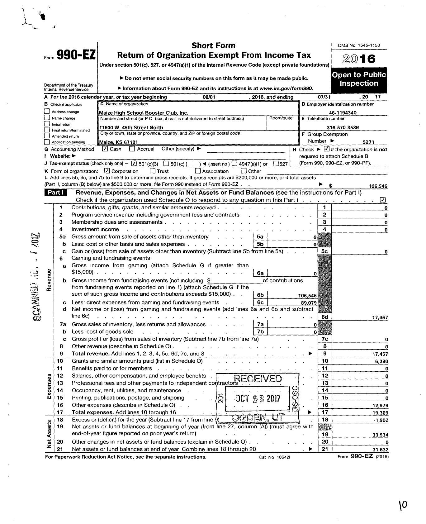 Image of first page of 2016 Form 990EZ for Maize High School Booster Club