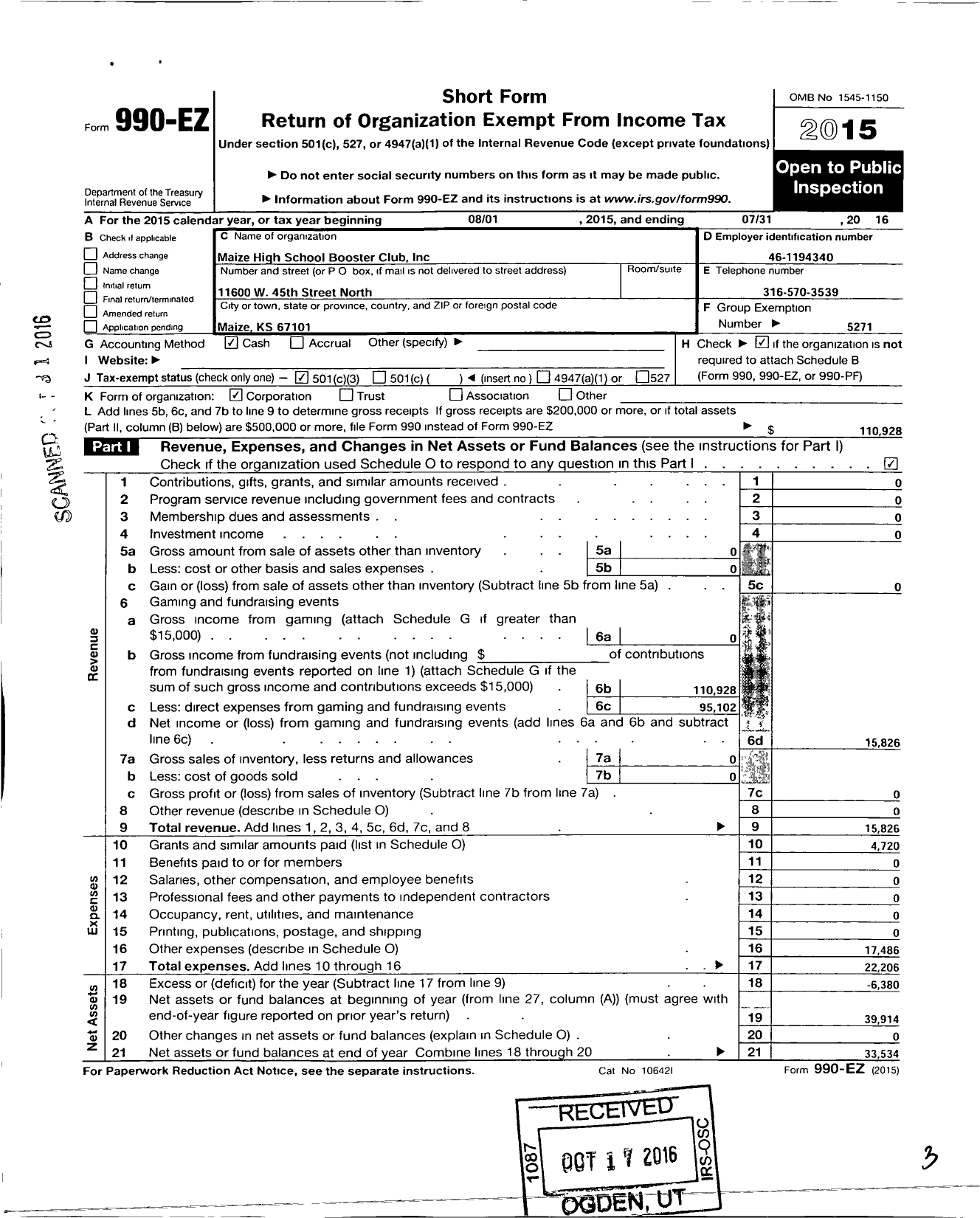 Image of first page of 2015 Form 990EZ for Maize High School Booster Club