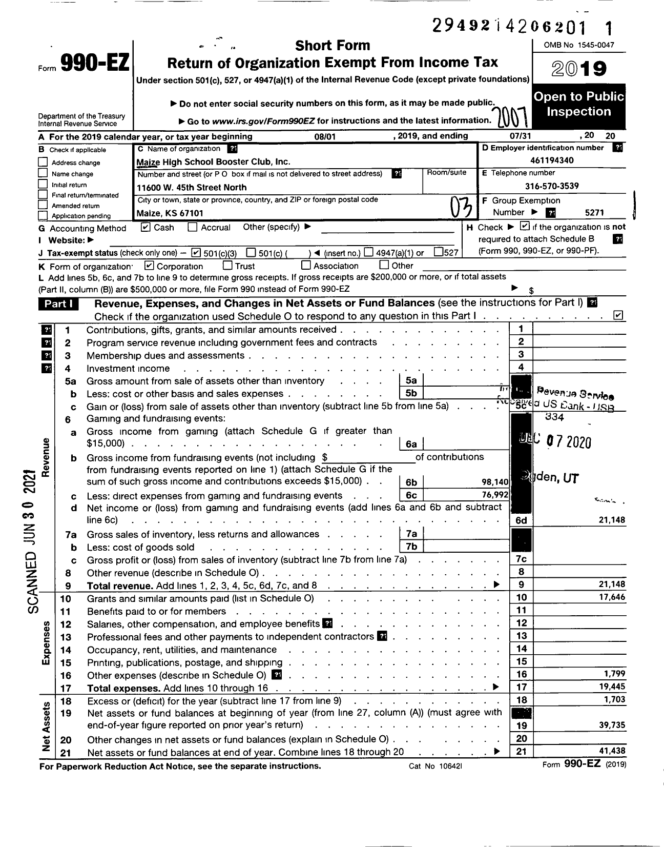 Image of first page of 2019 Form 990EZ for Maize High School Booster Club