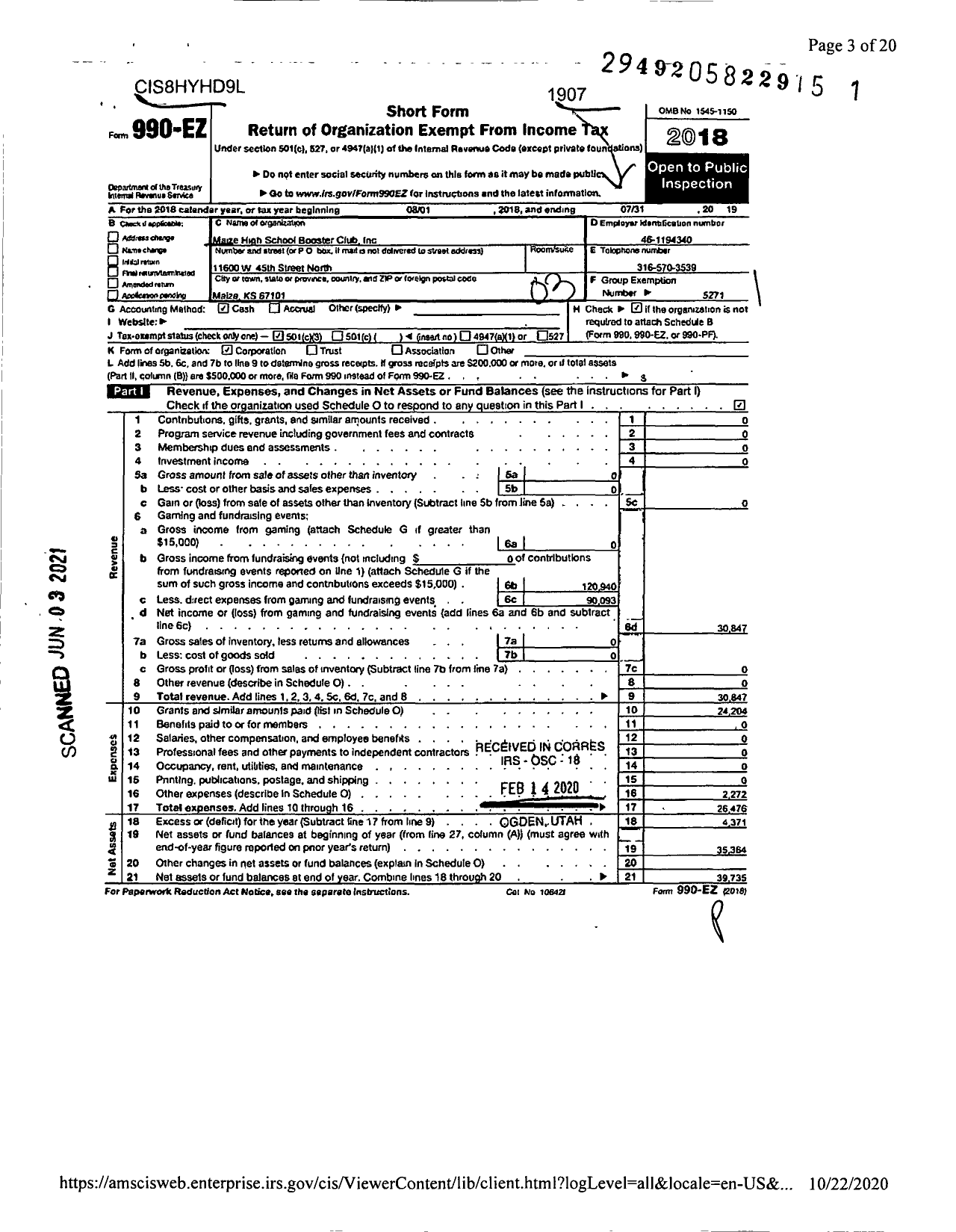 Image of first page of 2018 Form 990EZ for Maize High School Booster Club