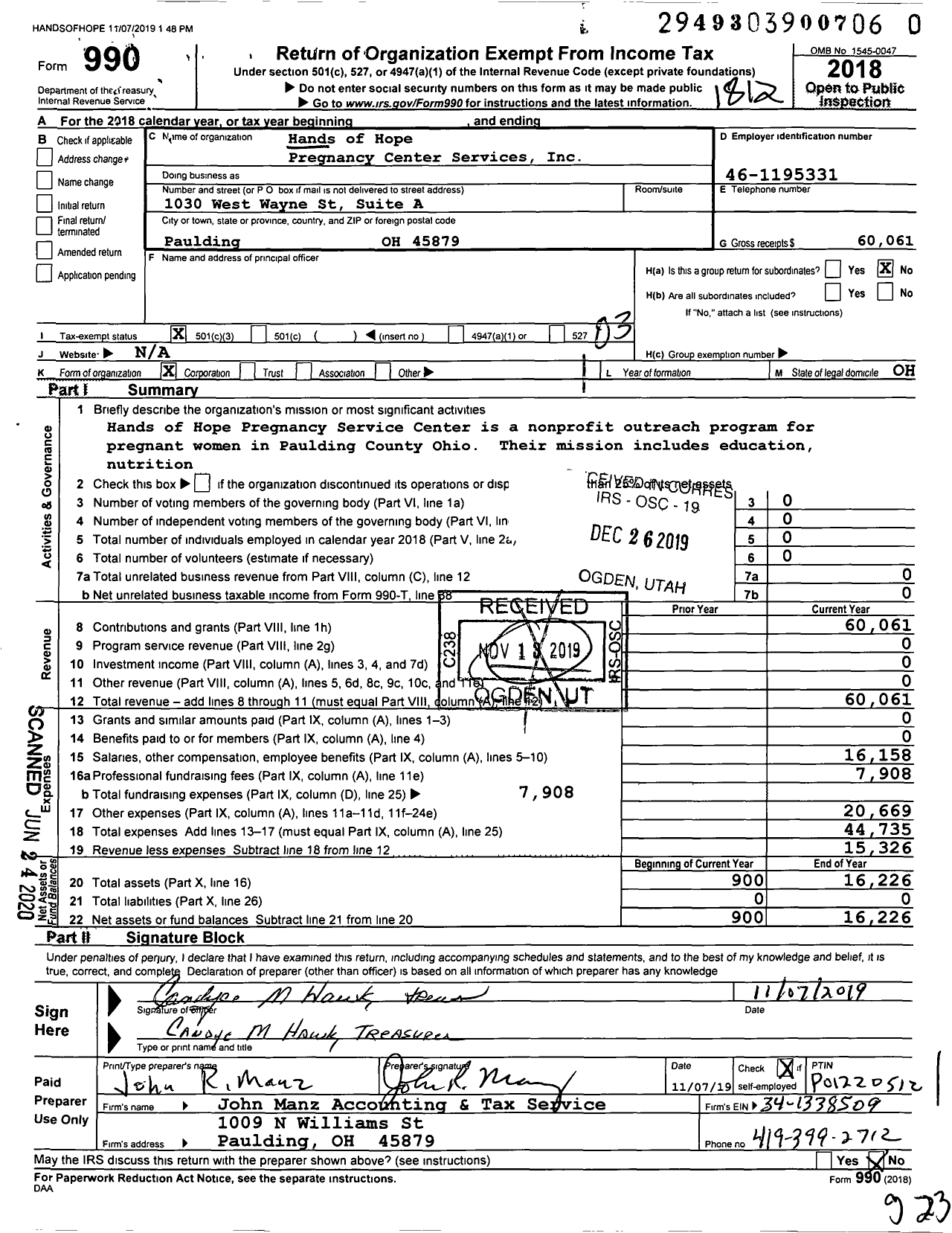 Image of first page of 2018 Form 990 for Hands of Hope Pregnancy Center Services