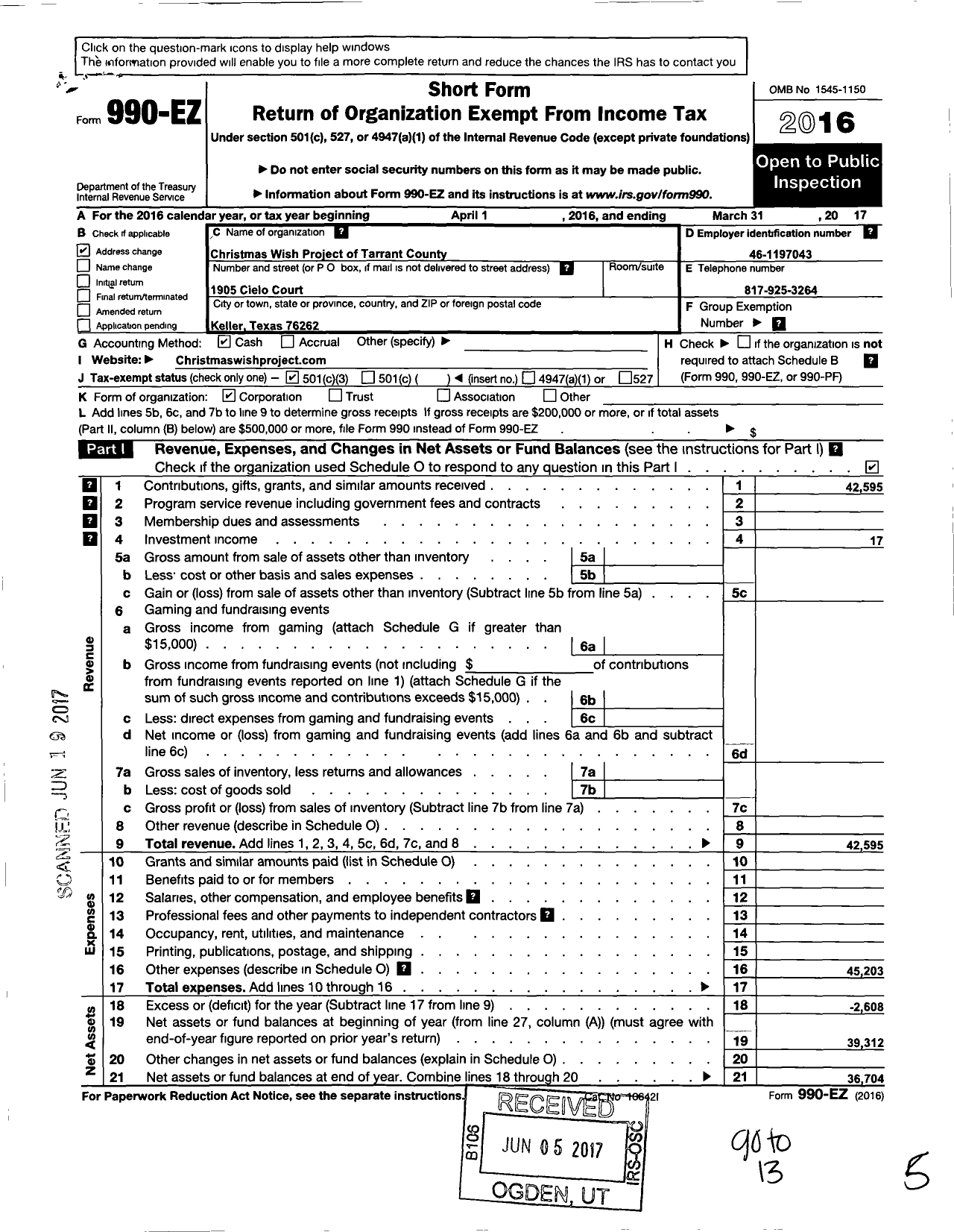 Image of first page of 2016 Form 990EZ for Christmas Wish Project of Tarrant County