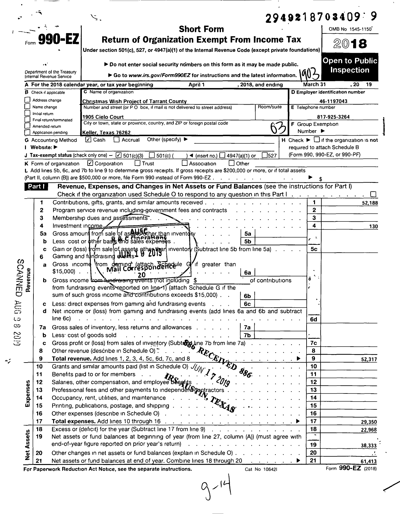 Image of first page of 2018 Form 990EZ for Christmas Wish Project of Tarrant County